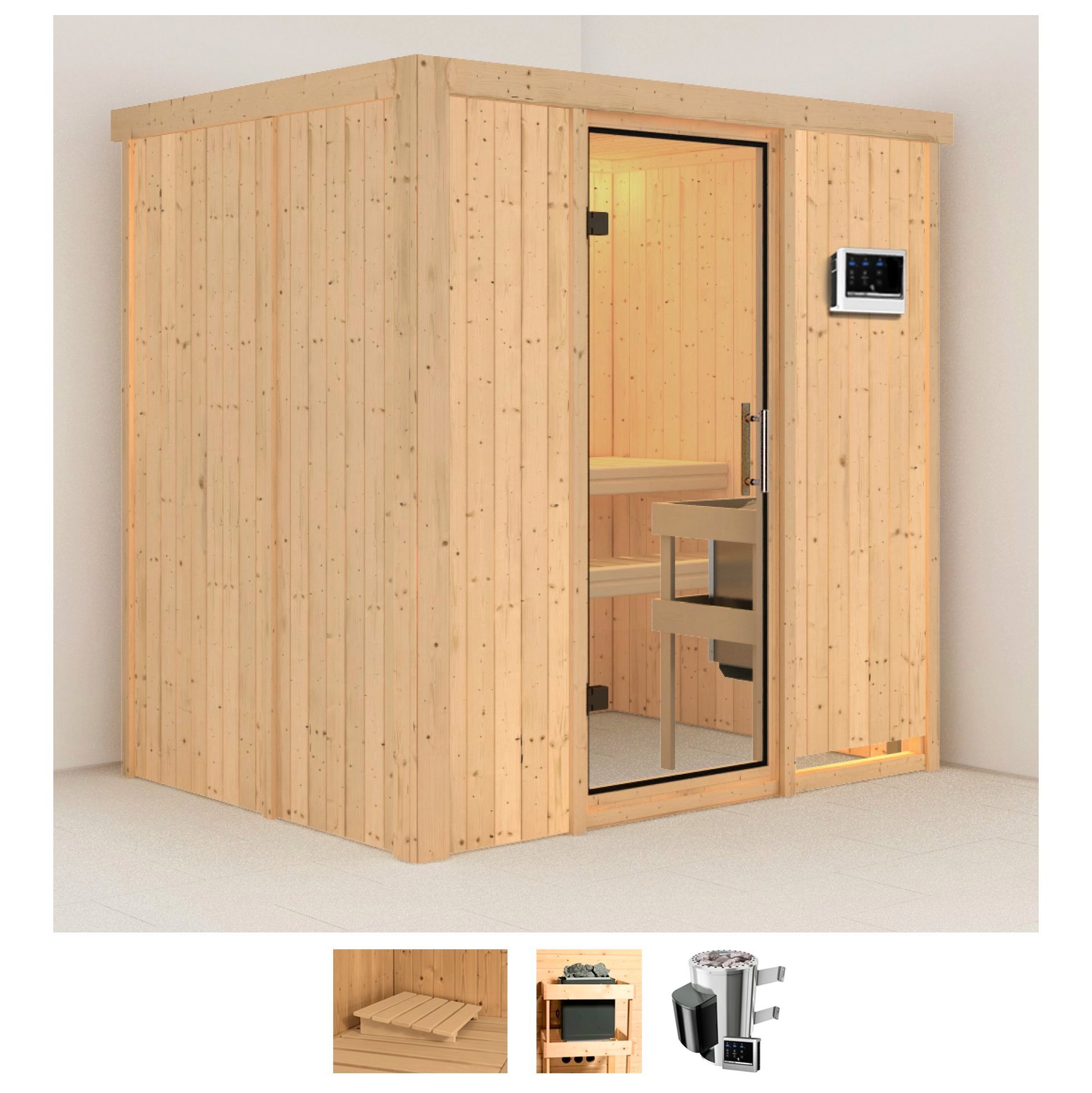 Karibu Sauna »Finja«, 3,6-kW-Plug & Play Ofen mit externer Steuerung