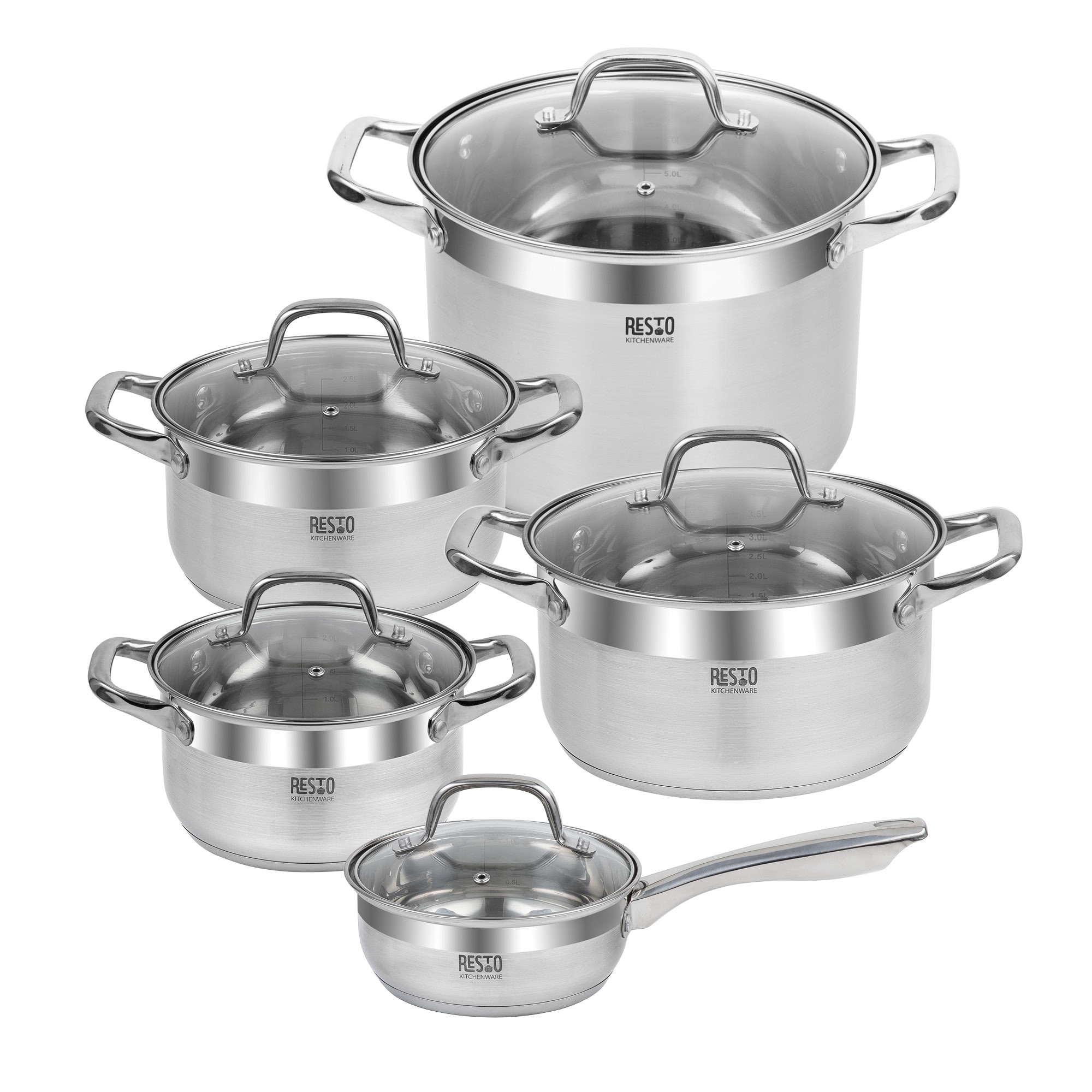 RESTO Kitchenware Topf-Set "LIBRA, spülmaschinengeeignet" Set, 1x Soßentopf Ø 16 cm m. Deckel, 4x Kochtopf Ø 18/20/22/24 cm m. Deckel, 10 tlg. Edelstahl 18/10