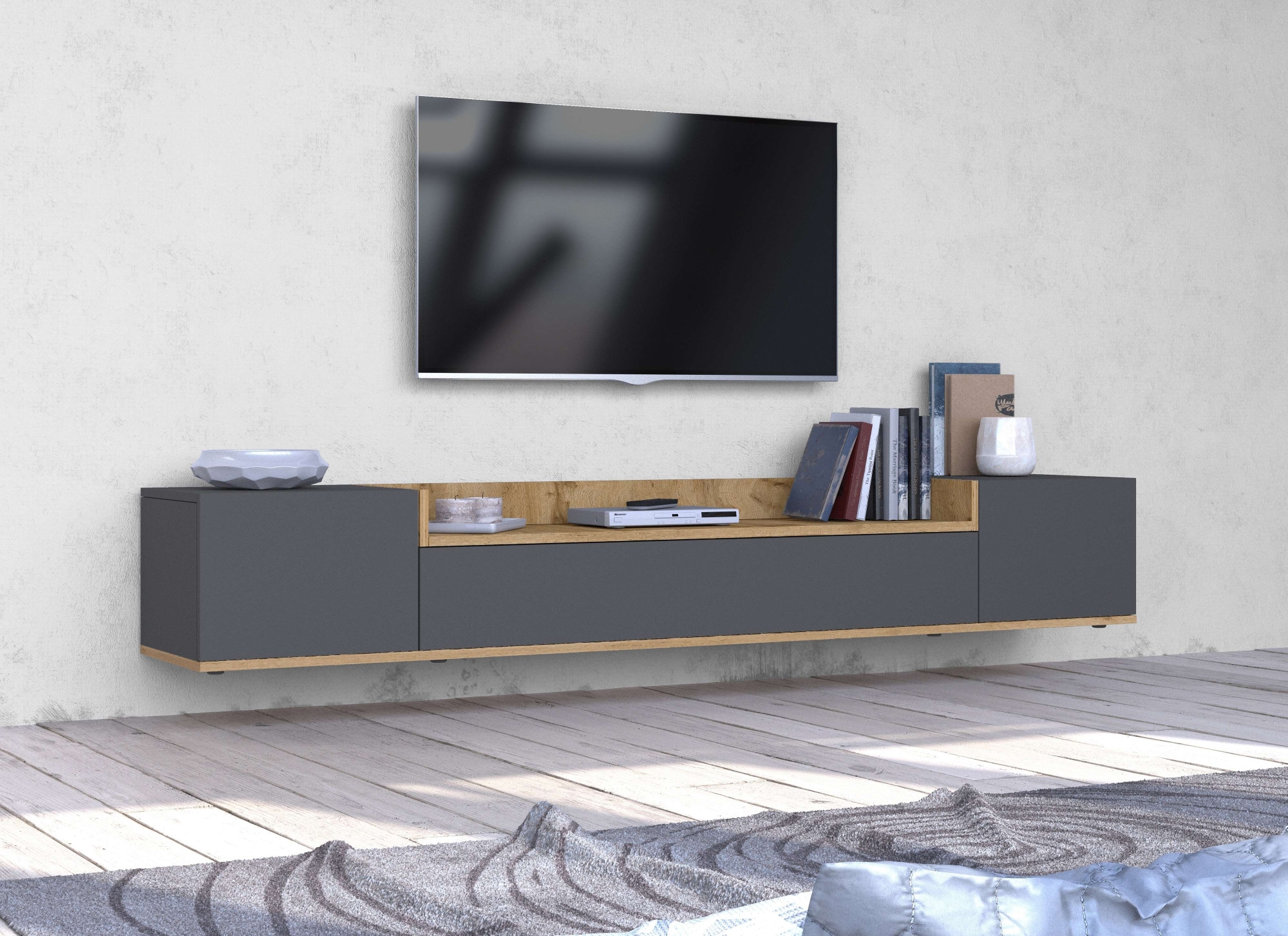 OTTO home Lowboard »BOLSENA,TV-Kommode, TV-Möbel,TV-Bank, 4 Fächer und offenes Ablagefach« 1 Stk. tlg. stehend/hängend montierbar, Made in Italy, B/T/H: 200 × 35 × 31,2 cm