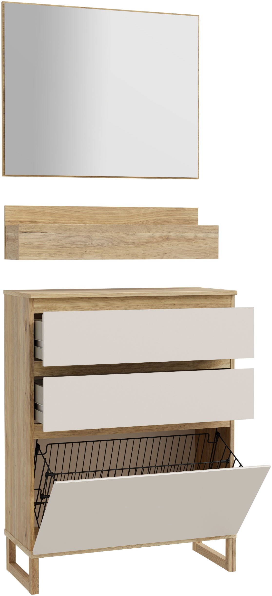 FORTE Garderoben-Set, (3 St.), Kompaktgarderobe mit Spiegel, Regal und Kommode mit Schuhkorb