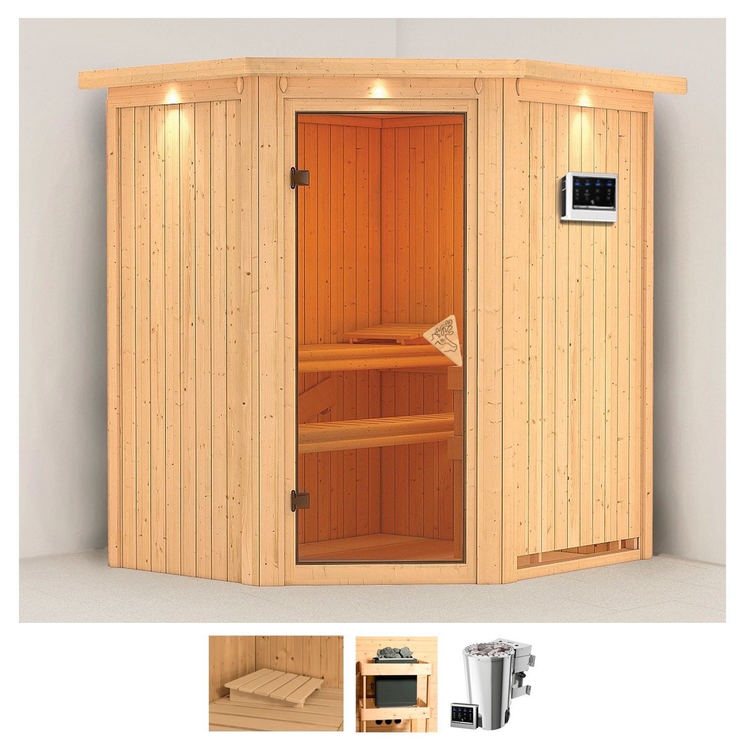 Karibu Sauna "Tomke" Set, Ofen 3,6 kW Bio-Ofen externe Strg. easy