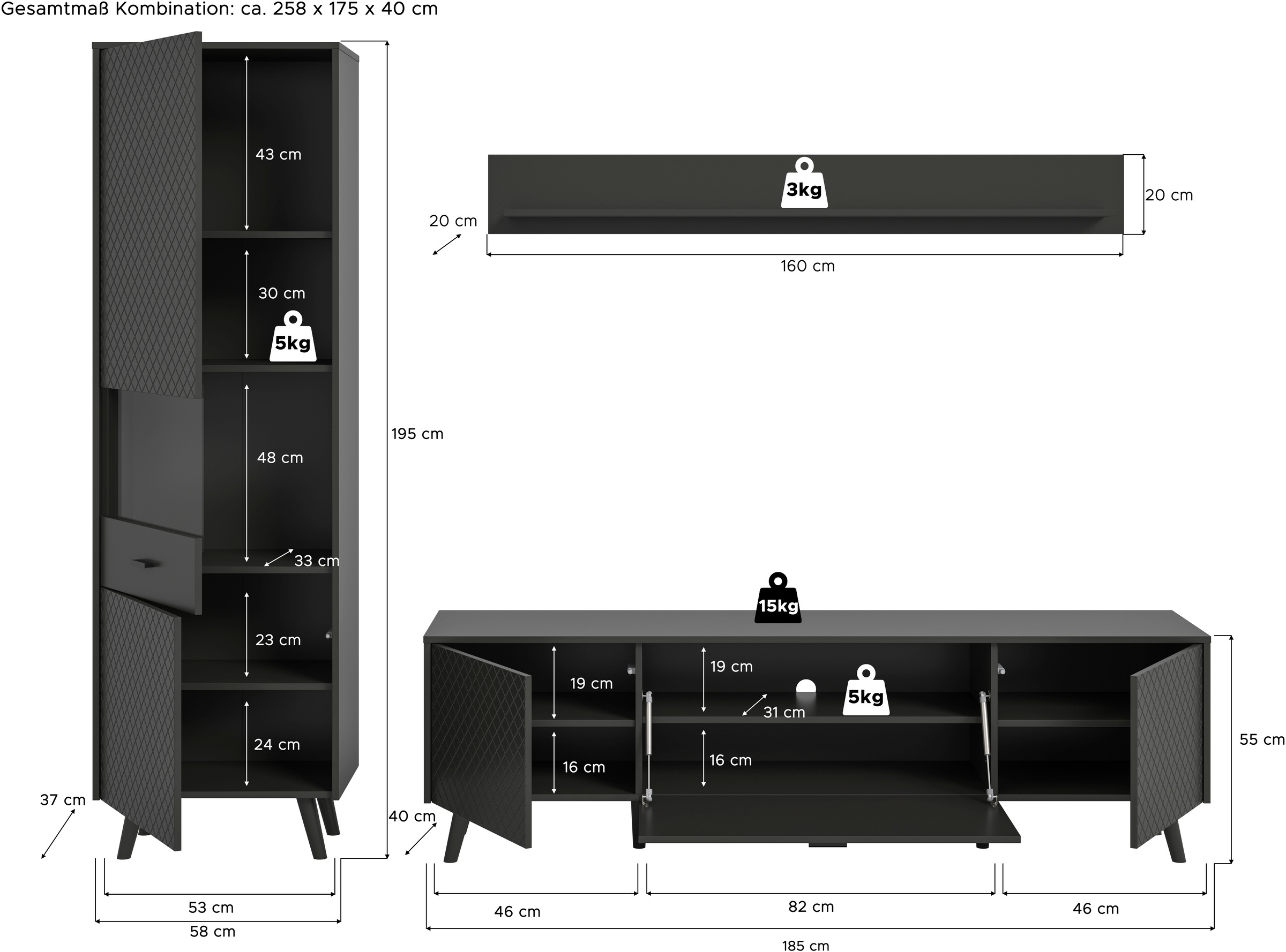 Home affaire Wohnwand »RHOMBUS, 3-tlg., hochwertige MDF-Front mit Karo-Optik« Set, Wohnkombination, Wohn-Kombi, Kombi, Wohnzimmer, 3 Stk. tlg.