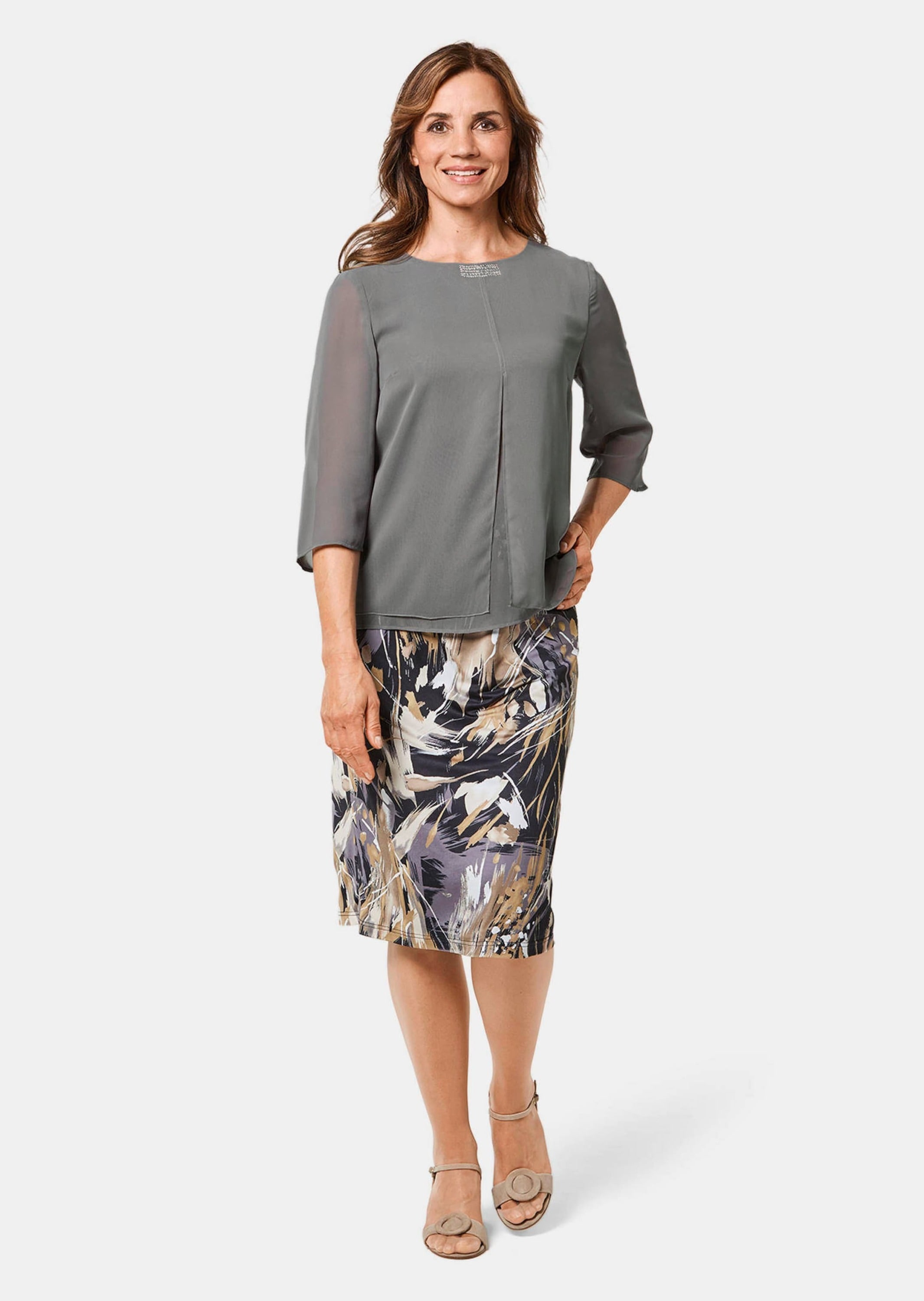 GOLDNER Kurzarmbluse »Kurzgröße Luftige Bluse mit funkelnden Glitzersteinchen«