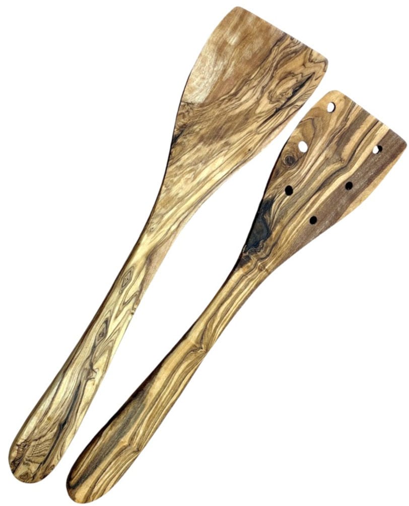Olivenholz-erleben Kochbesteck-Set »1x Pfannenwender (ohne Löcher) und 1x Pfannenwender (mit Löchern)«, (Set, 2 tlg., plus Überraschung), aus Olivenholz, hitzebeständig und schonend zu Pfannen