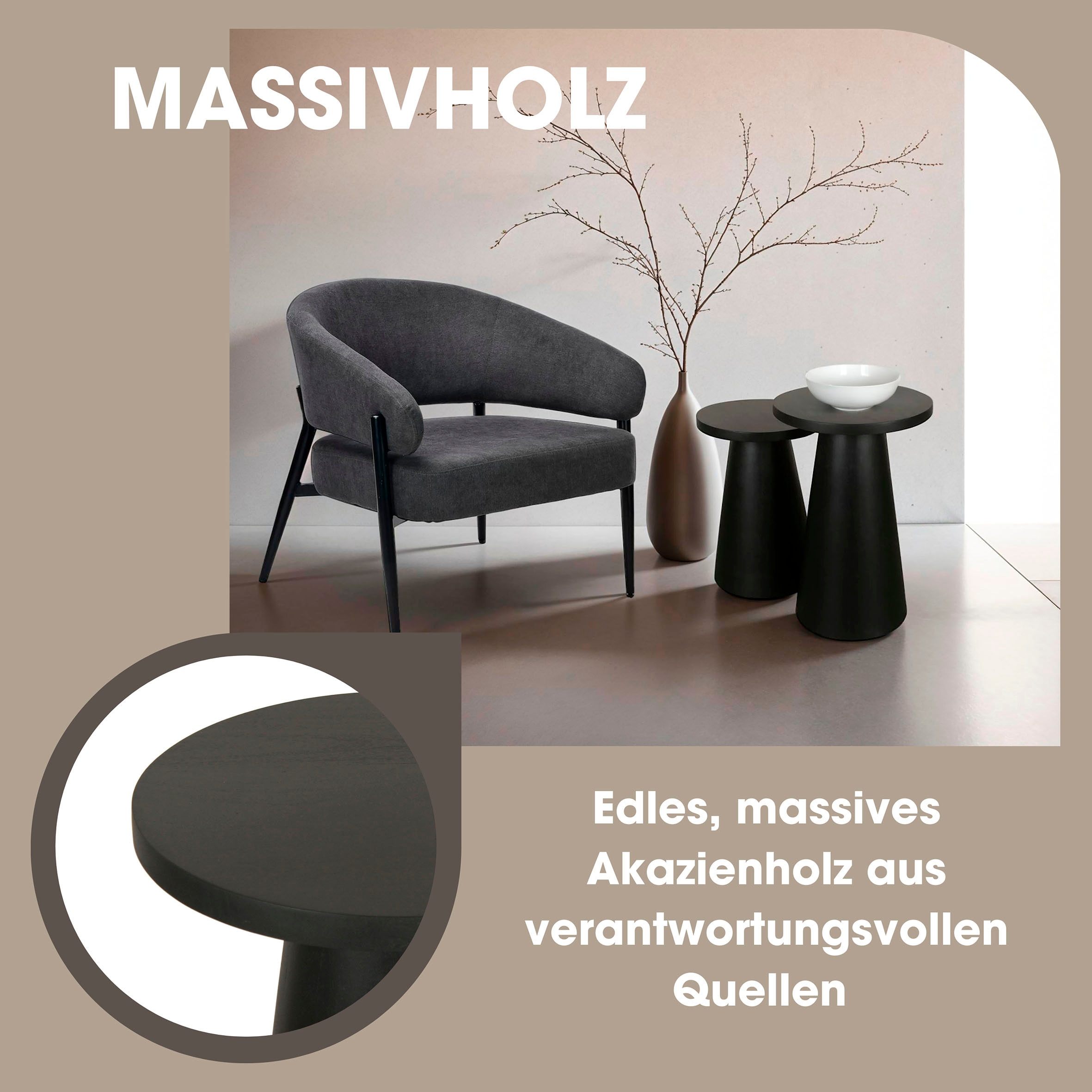 byLIVING Beistelltisch »Cone«, aus Massivholz in schwarz oder white wash, verschiedenen Größen