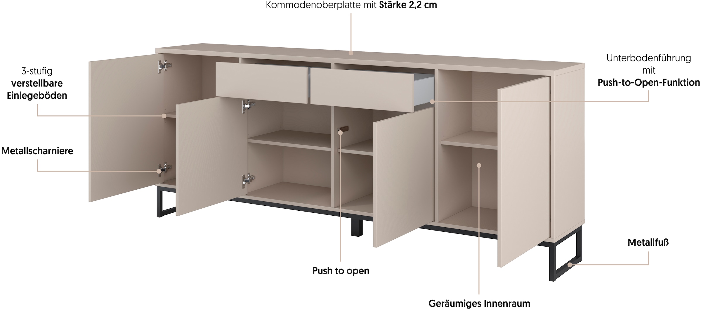 Home affaire Sideboard »Alto, Breite 208,5 cm, grifflose Kommode 4 Türen/2 Schubkästen.« Schubladenschrank mit viel Stauraum, Einlegeböden verstellbar