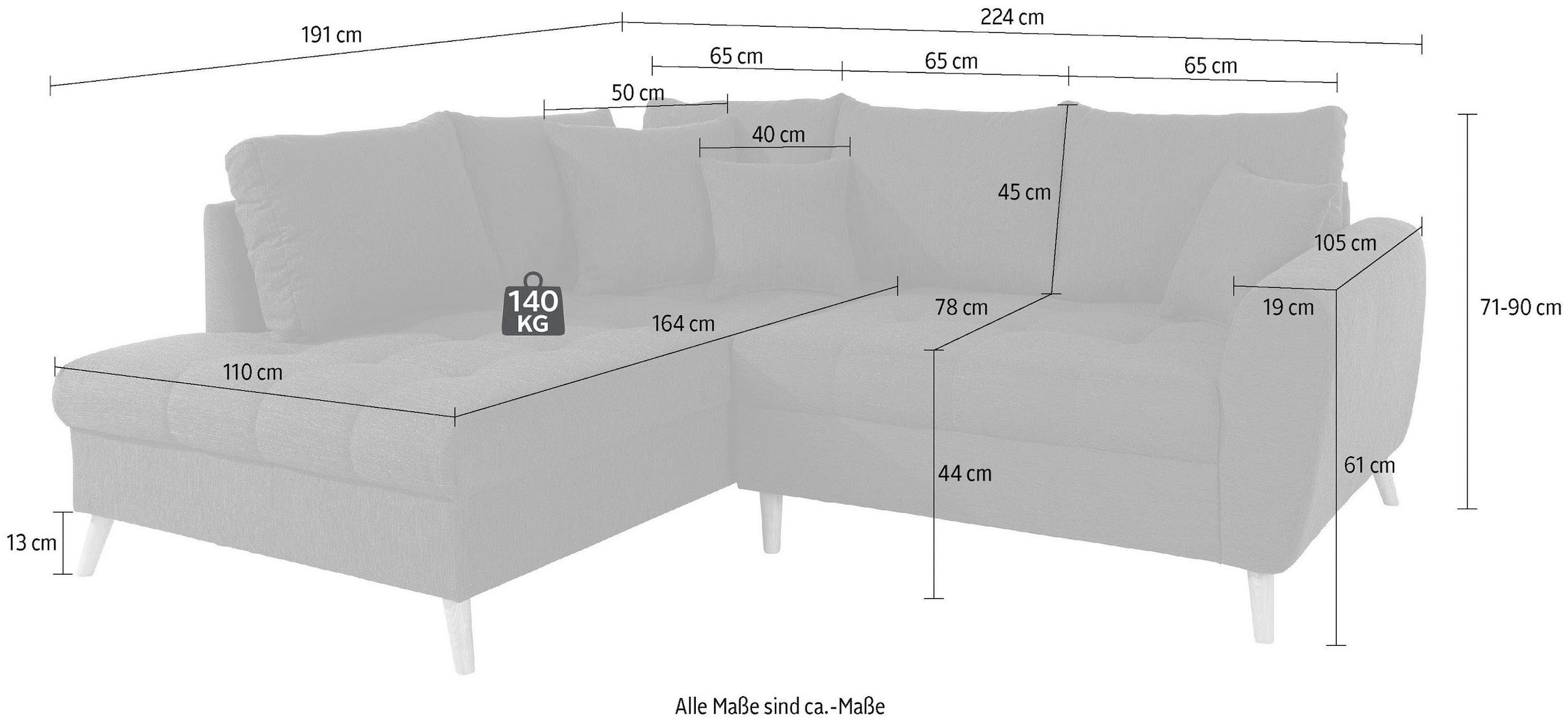 Home affaire Ecksofa »Penelope Luxus L-Form«, mit besonders hochwertiger Polsterung für bis zu 140 kg pro Sitzfläche