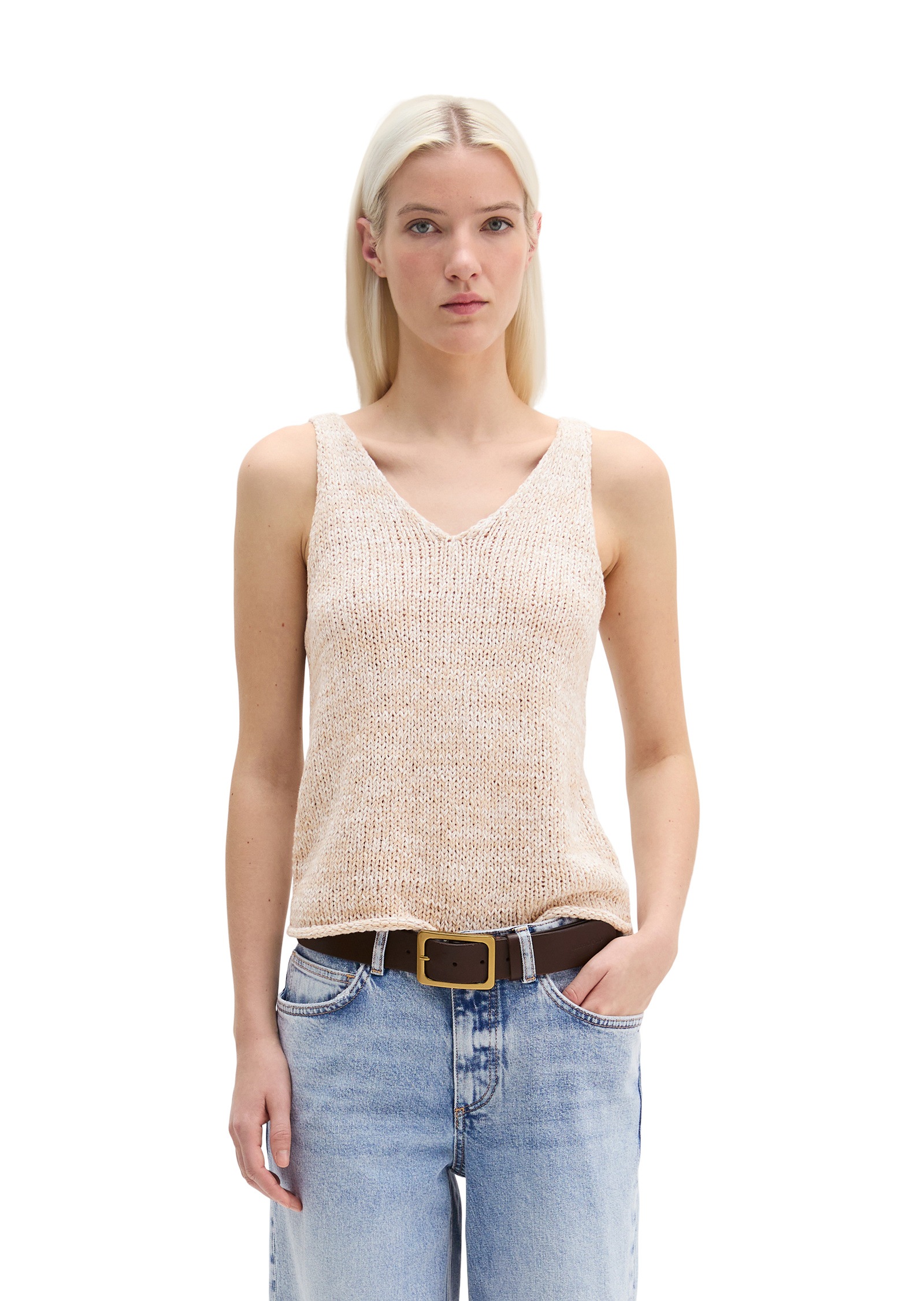 Kurzarmpullover MARC O'POLO "aus Bändchengarn", Damen, Gr. L, light beige, Obermaterial: 84% Baumwolle, 16% Polyamid, unifarben, V-Ausschnitt, Pullover