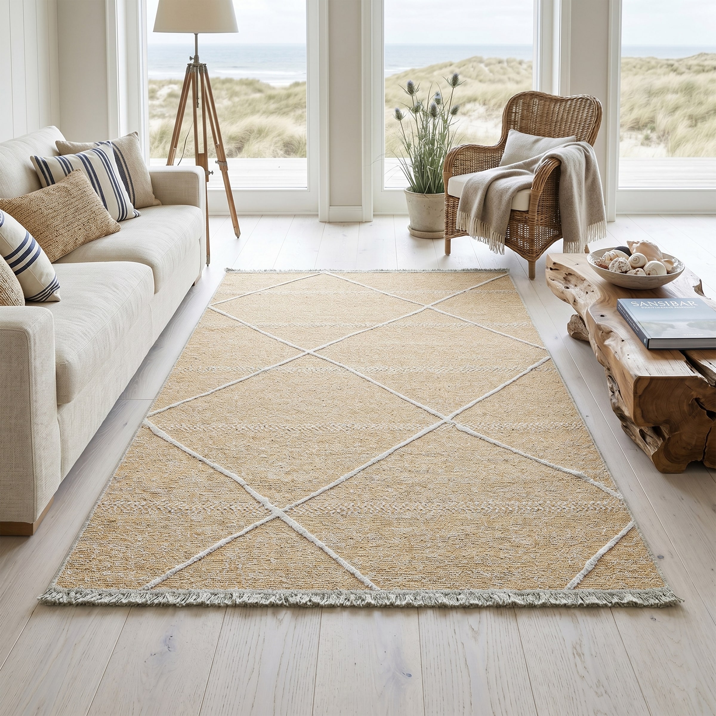 Sansibar Teppich "Braderup" rechteckig 2 mm Höhe Flachgewebe, modernes Scandi Design, Motiv Rauten, mit Fransen