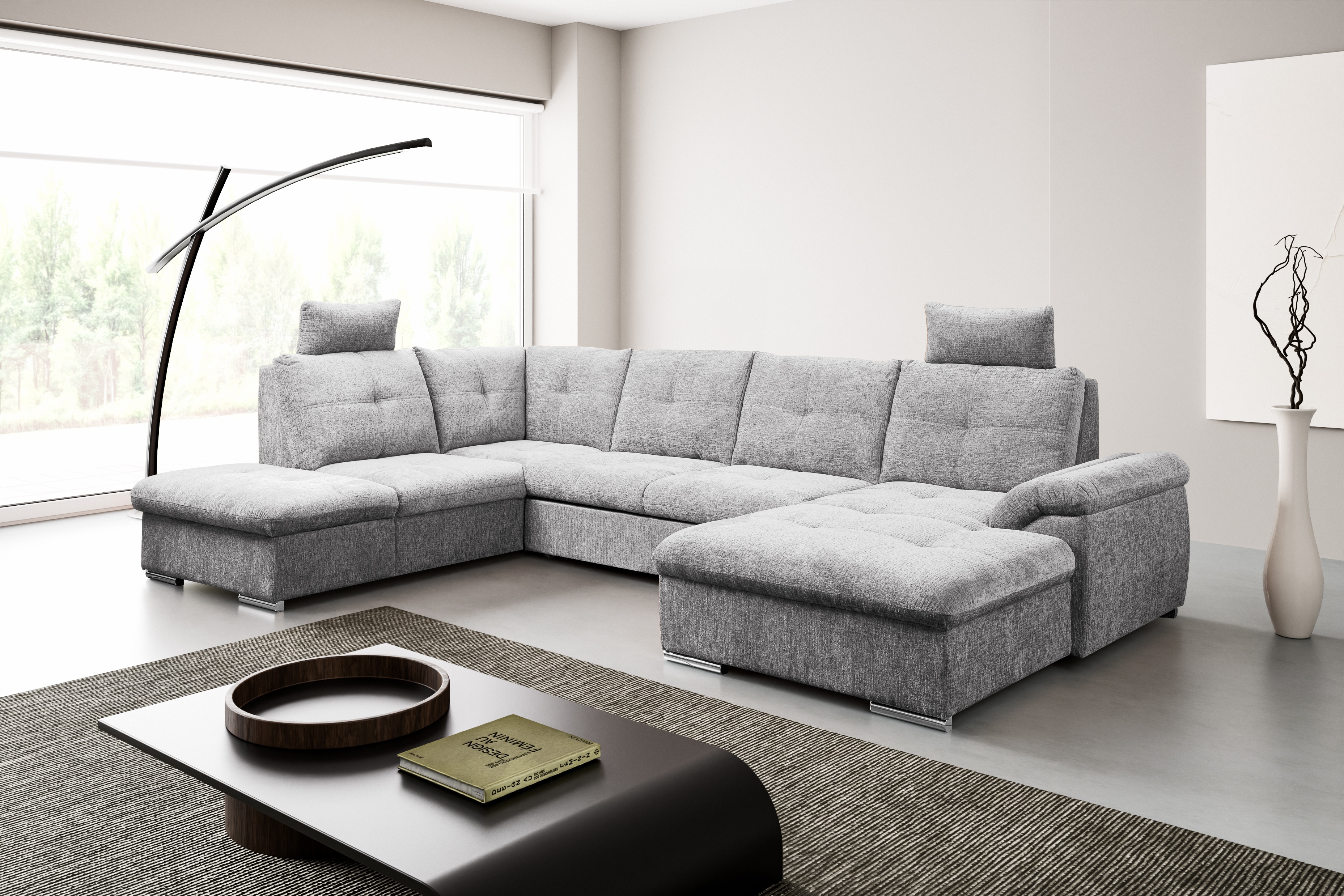 WERK2 Wohnlandschaft "Arena 339 x 220 cm modern und bequem" U-Form, XXL, Schlaffunktion, Bettkasten