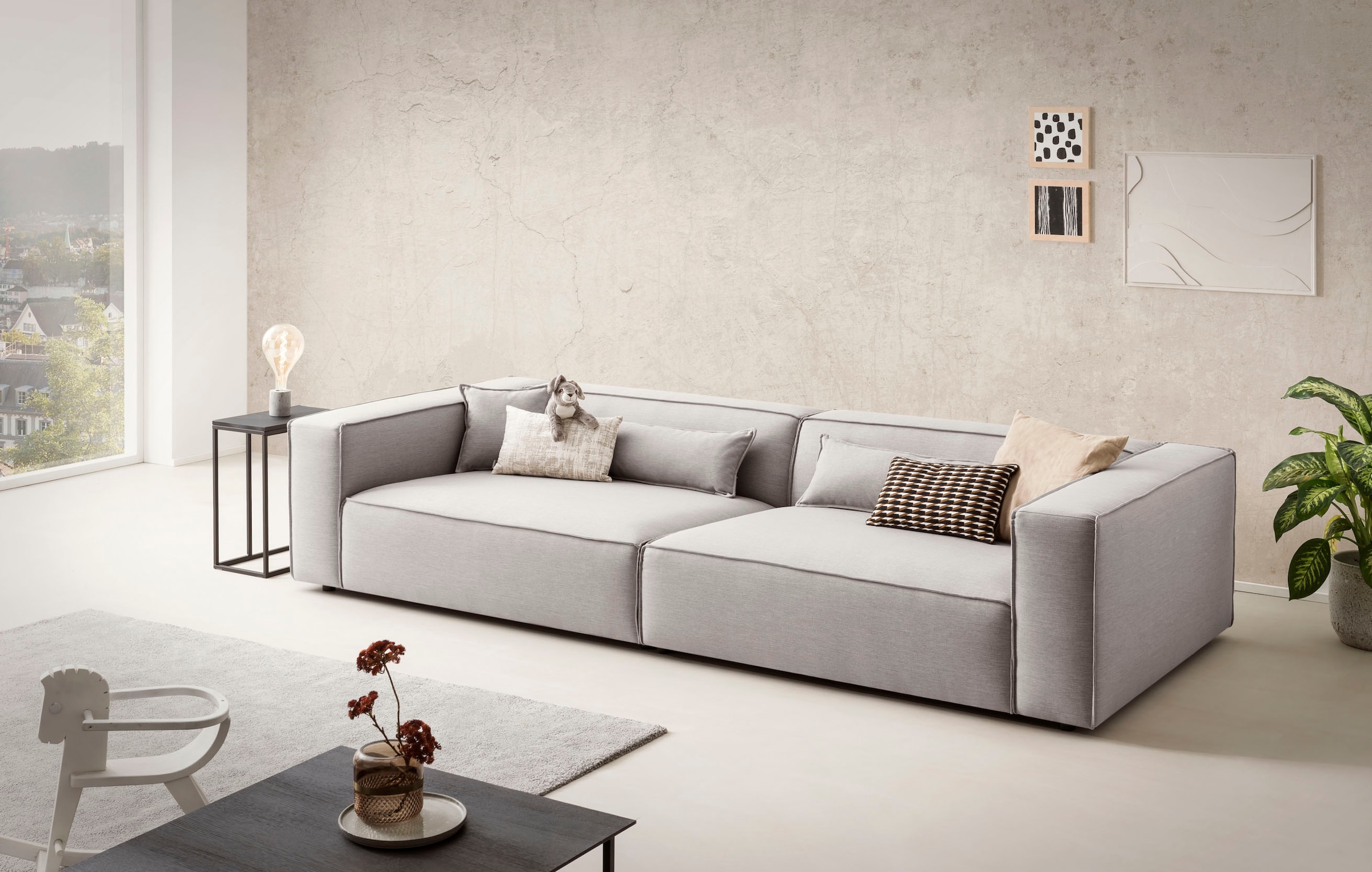 LeGer Home by Lena Gercke 3-Sitzer "PIARA XXL Struktur u. Leinenoptik, Sofa mit Kedernaht" schwarze Füße, bequemer Sitzkomfort, extra tiefe Sitzfläche