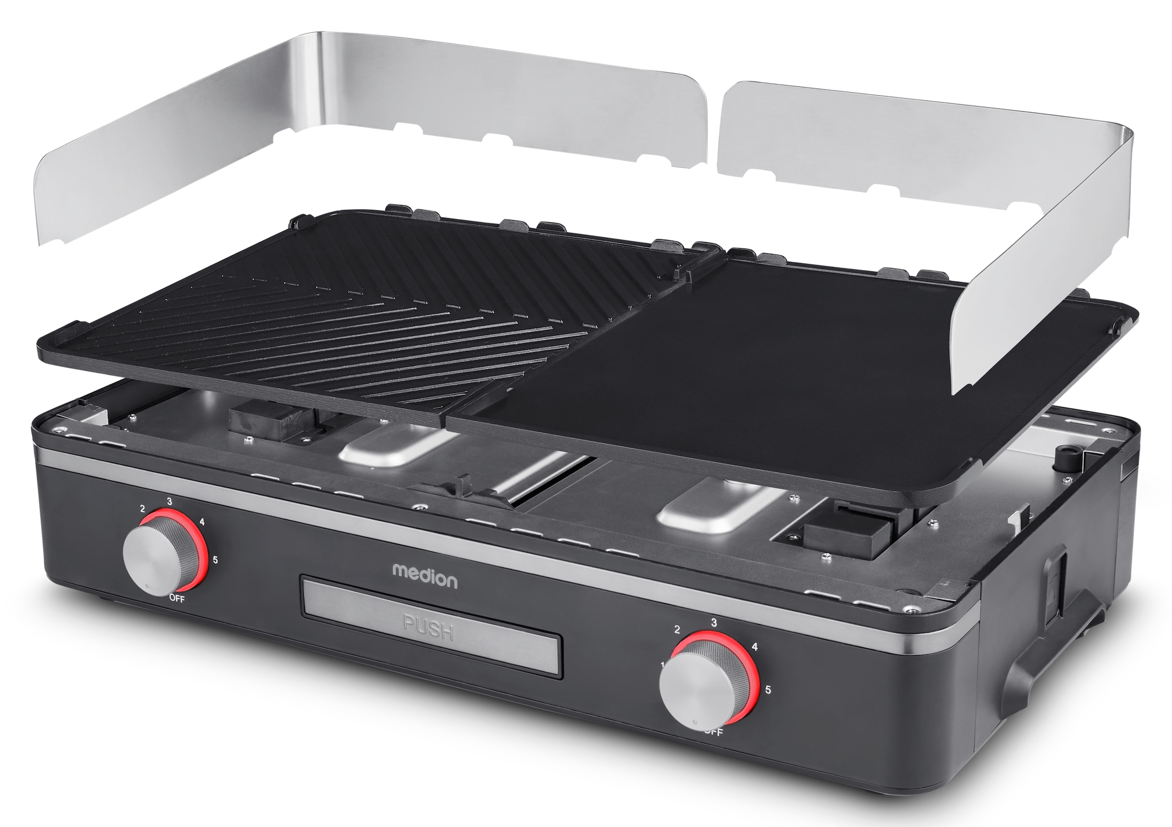 Medion® Tischgrill »MD12027, mit Dual-Zonen-System, 2,400 Watt, 2 abnehmbare Platten«, 2400 W, bis max. 240 °C, PFAS Frei, LED-Statusanzeige, IPX4-Schutz
