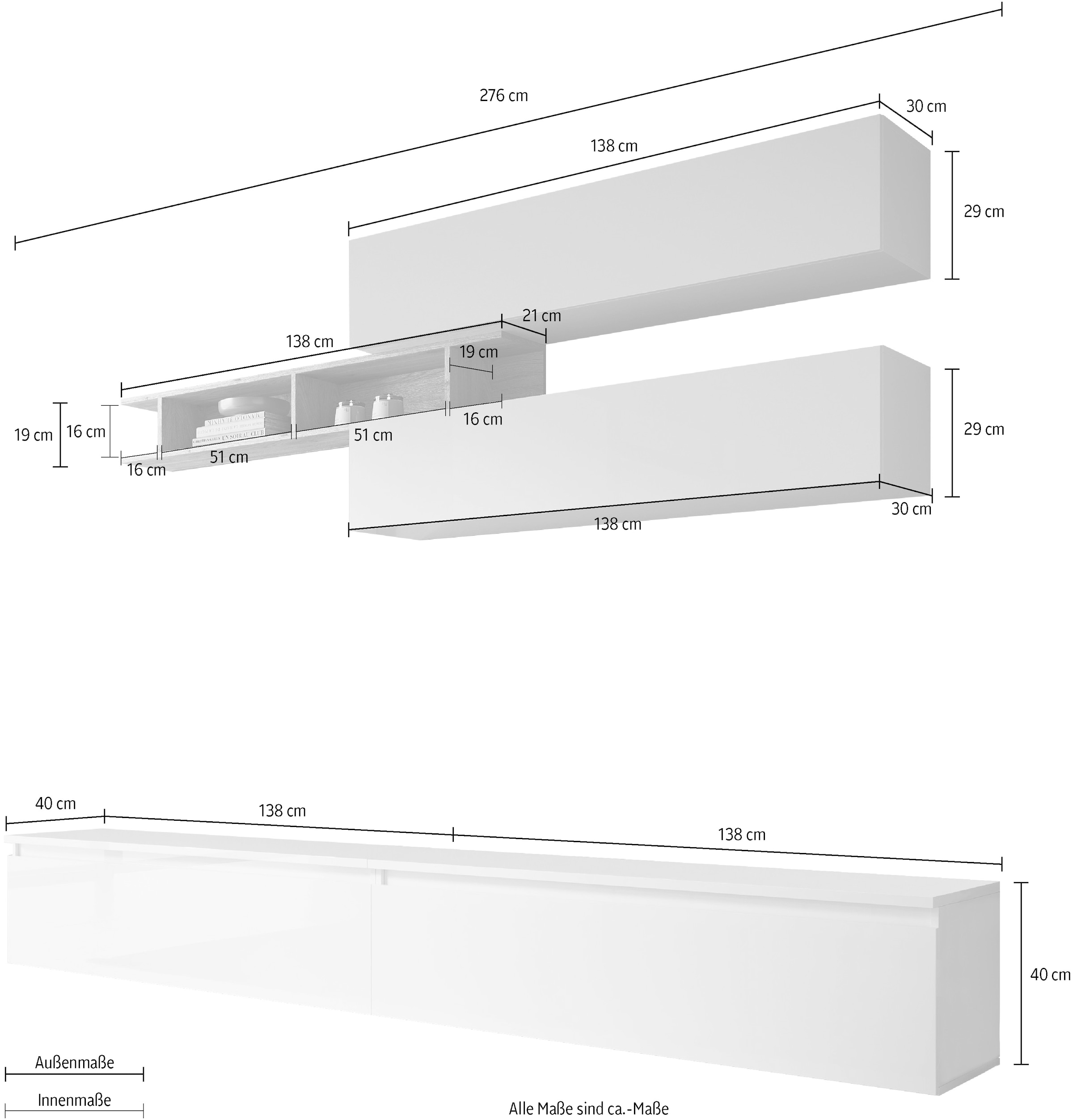 INOSIGN Wohnwand »INFINITY, 5tlg. Breite 276 cm, Höhe variabel, Schrankwand, Anbauwand«, (2x Lowboard, 2x Hängeschrank, Wandregal)