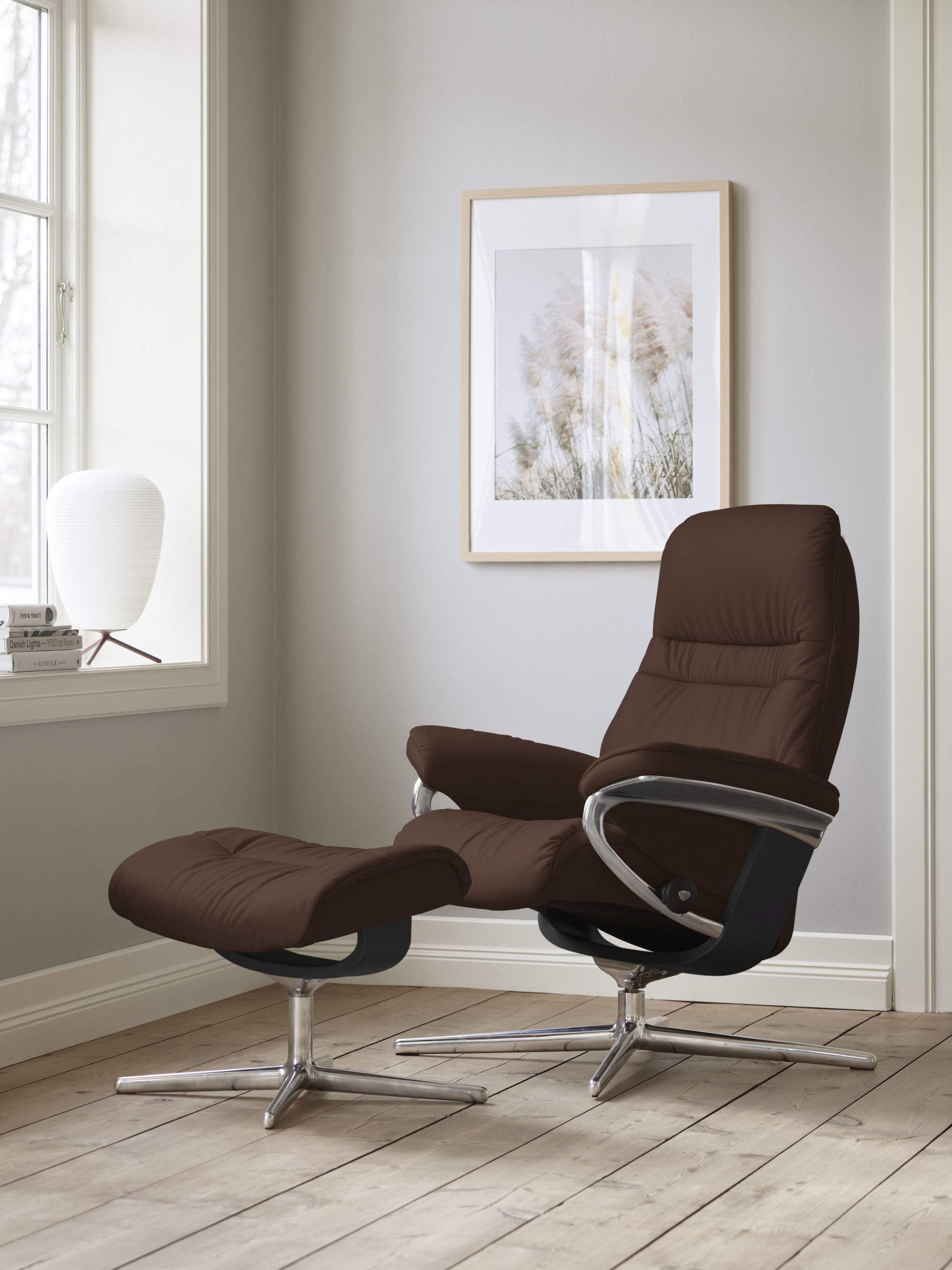 Stressless Relaxsessel "Sunrise" Set, Relaxsessel mit Hocker, mit Hocker, mit Cross Base, Größe S, M & L, Holzakzent Schwarz