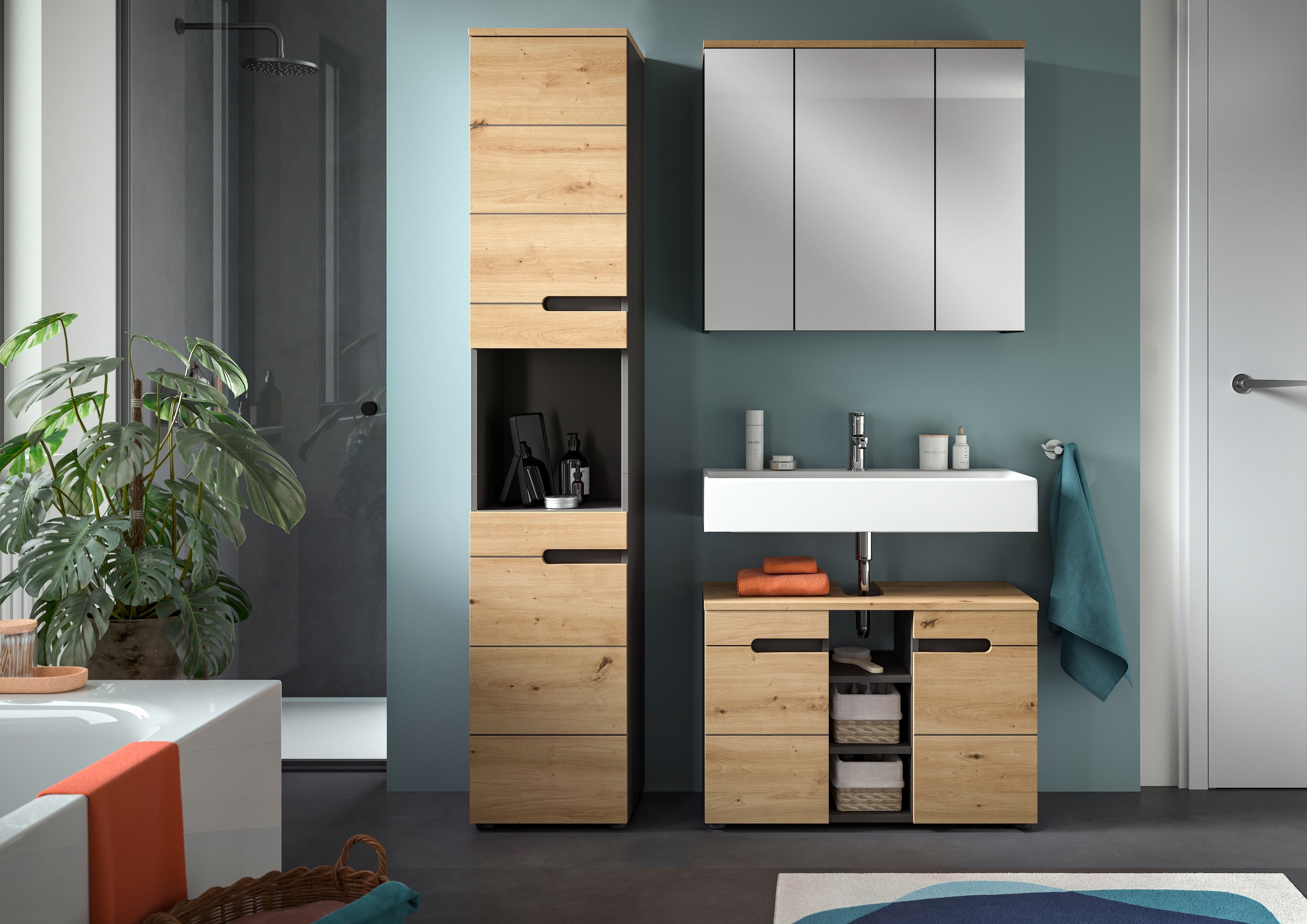 INOSIGN Badmöbel-Set »REHAT, 3-teilig, Breite 116 cm, mit grifflosen Fronten, bestehend aus:«, (3 St.), 1x Hochschrank, 1x Waschbeckenunterschrank & 1x Badspiegel