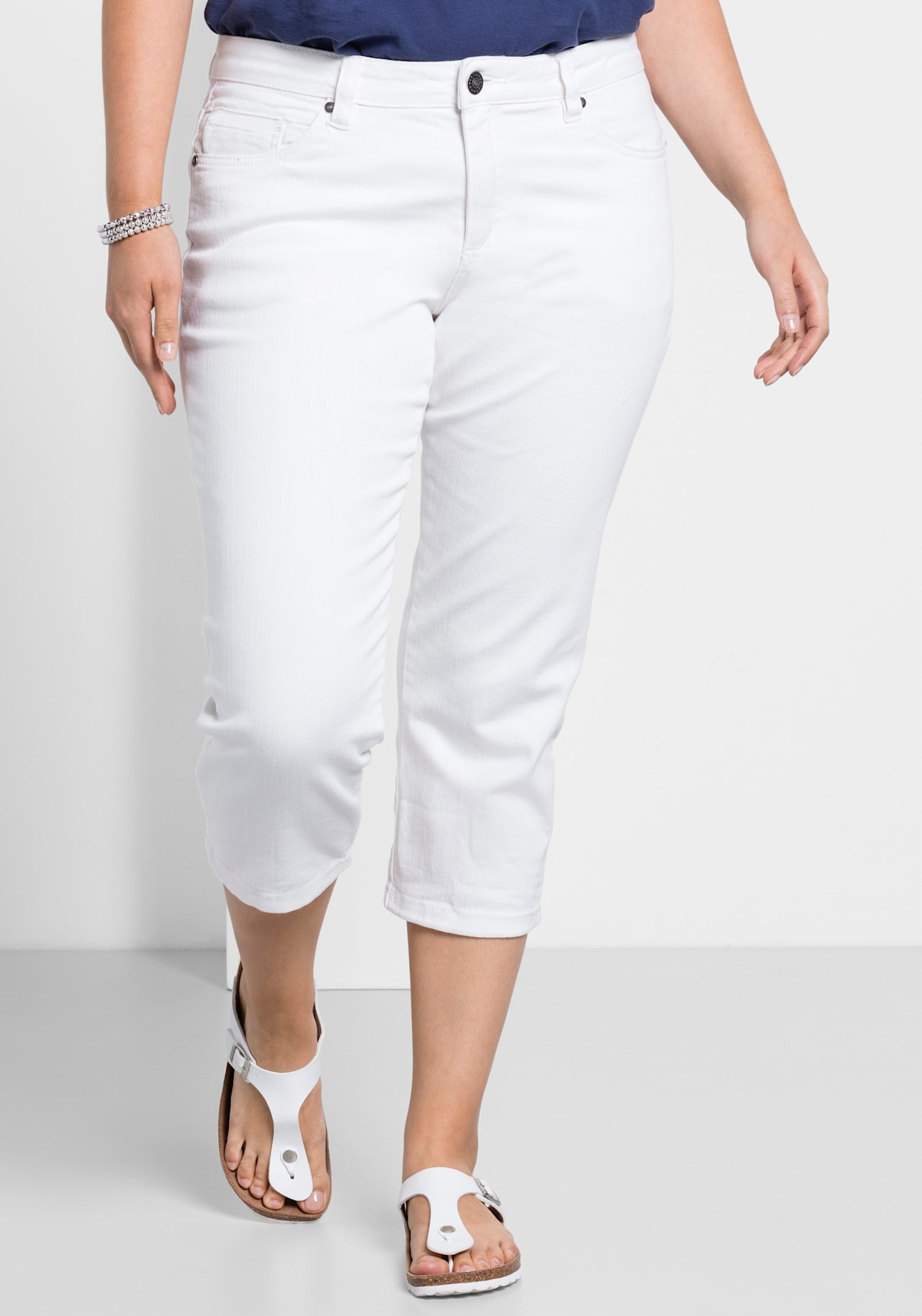 5-Pocket-Jeans SHEEGO, Damen, Gr. 58, Normalgrößen, weiß (weiß denim), 98% Baumwolle, 2% Elasthan, unifarben, 3/4-Länge, Jeans 5-Pocket-Jeans
