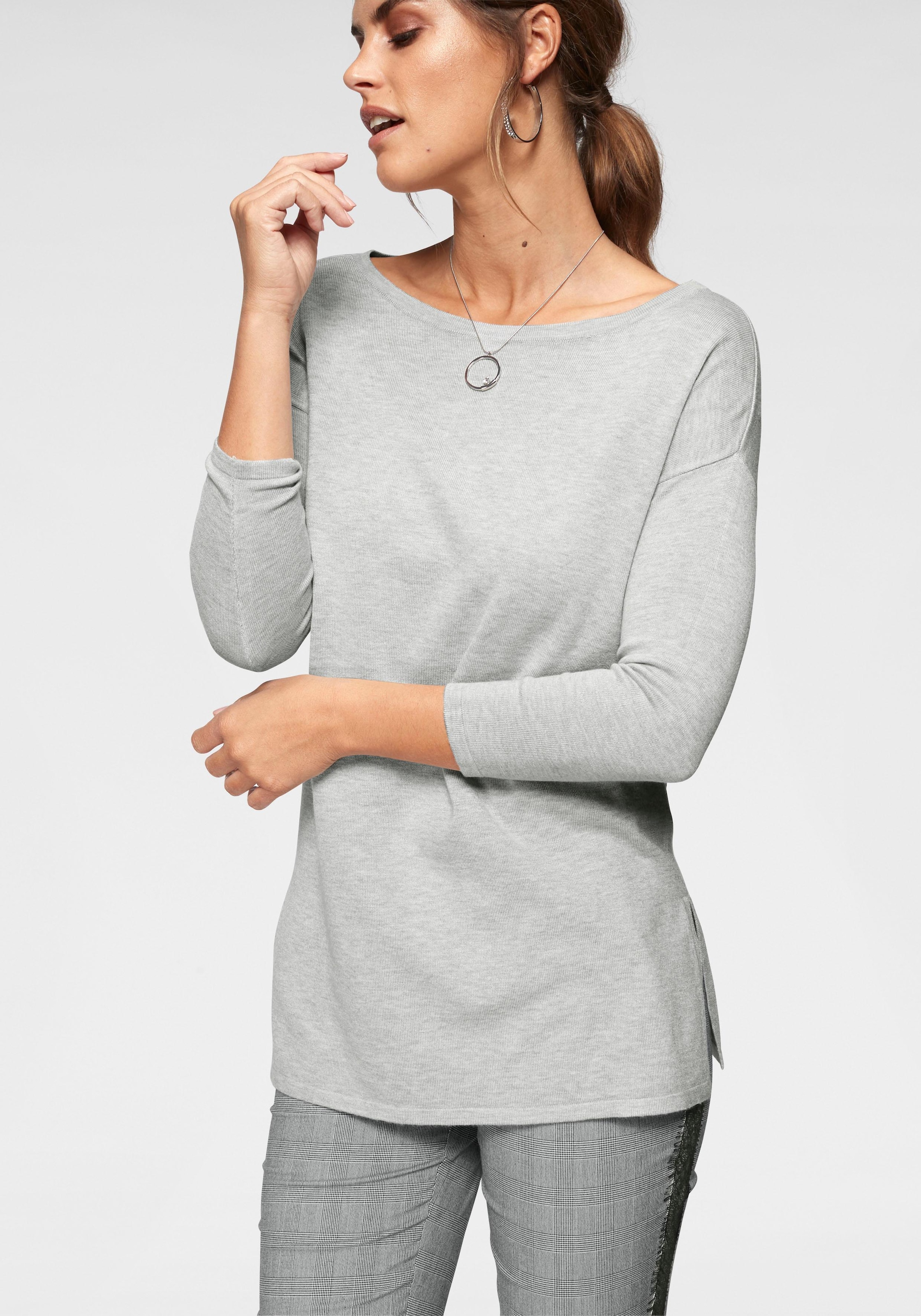 Laura Scott Longpullover Feinstrick mit U-Boot Ausschnitt und seitlichem Schlitz