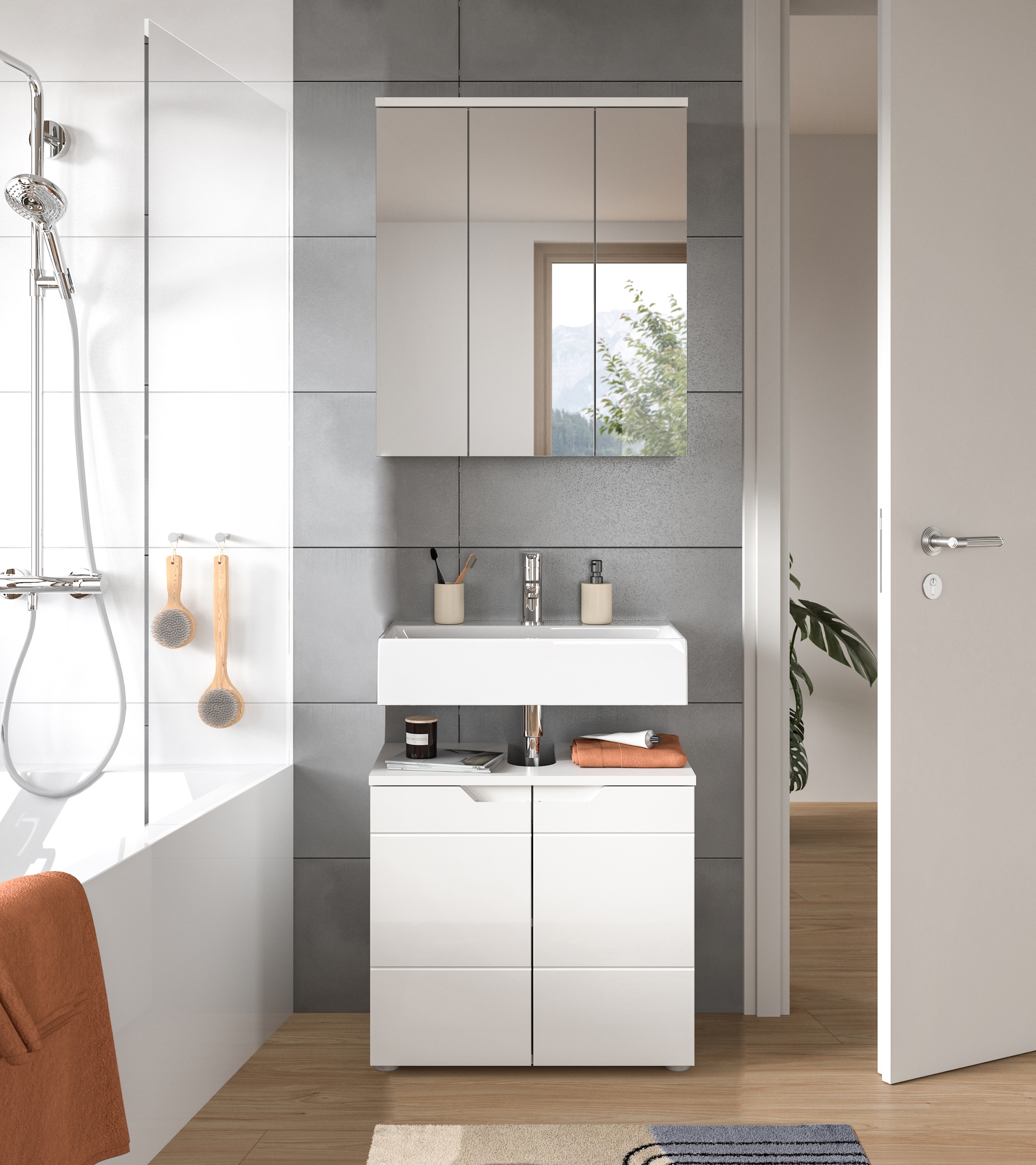 INOSIGN Badmöbel-Set »CAPRI, 2-teilig, mit eingefasster Griffmulde, bestehend aus:«, Waschbeckenunterschrank und Spiegelschrank