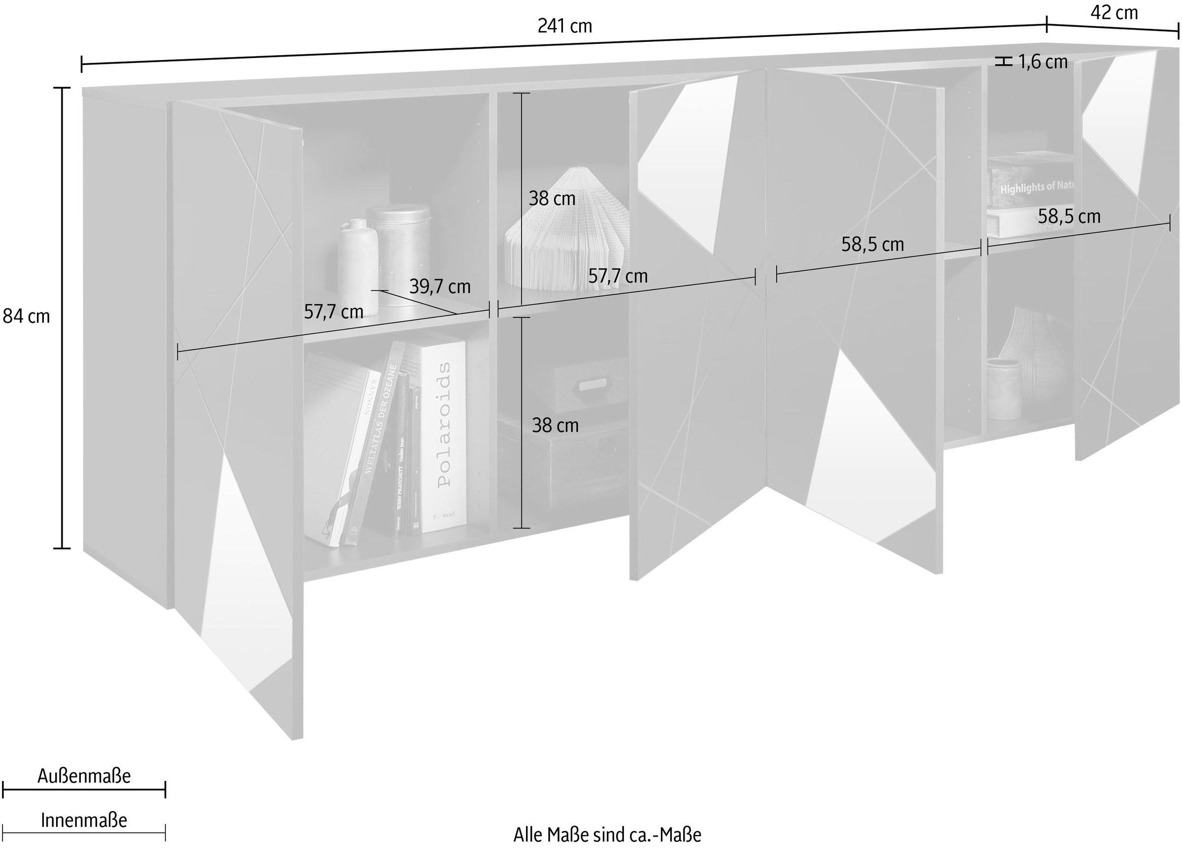 INOSIGN Sideboard »Vittoria, Breite 241 cm, 4 Türen«, Fronten mit Siebdruck und Spiegelfront
