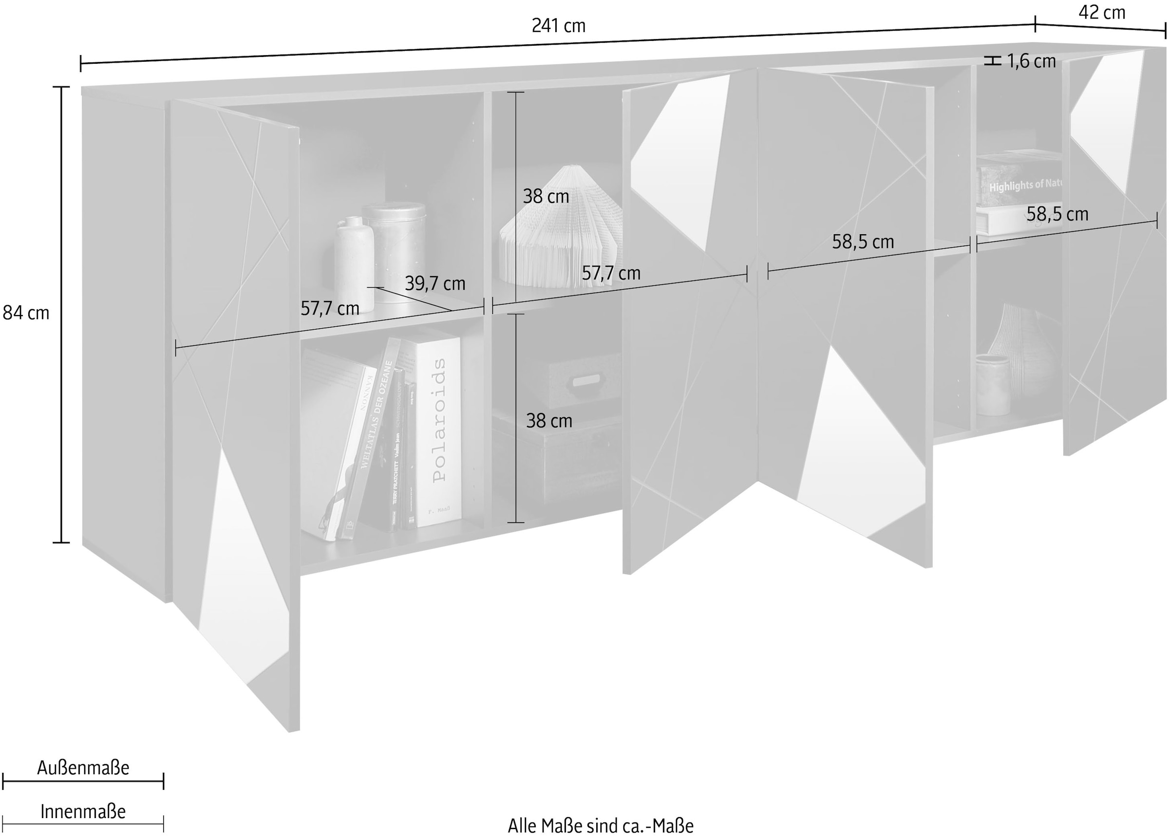 INOSIGN Sideboard »Vittoria, Breite 241 cm, 4 Türen«, Fronten mit Siebdruck und Spiegelfront