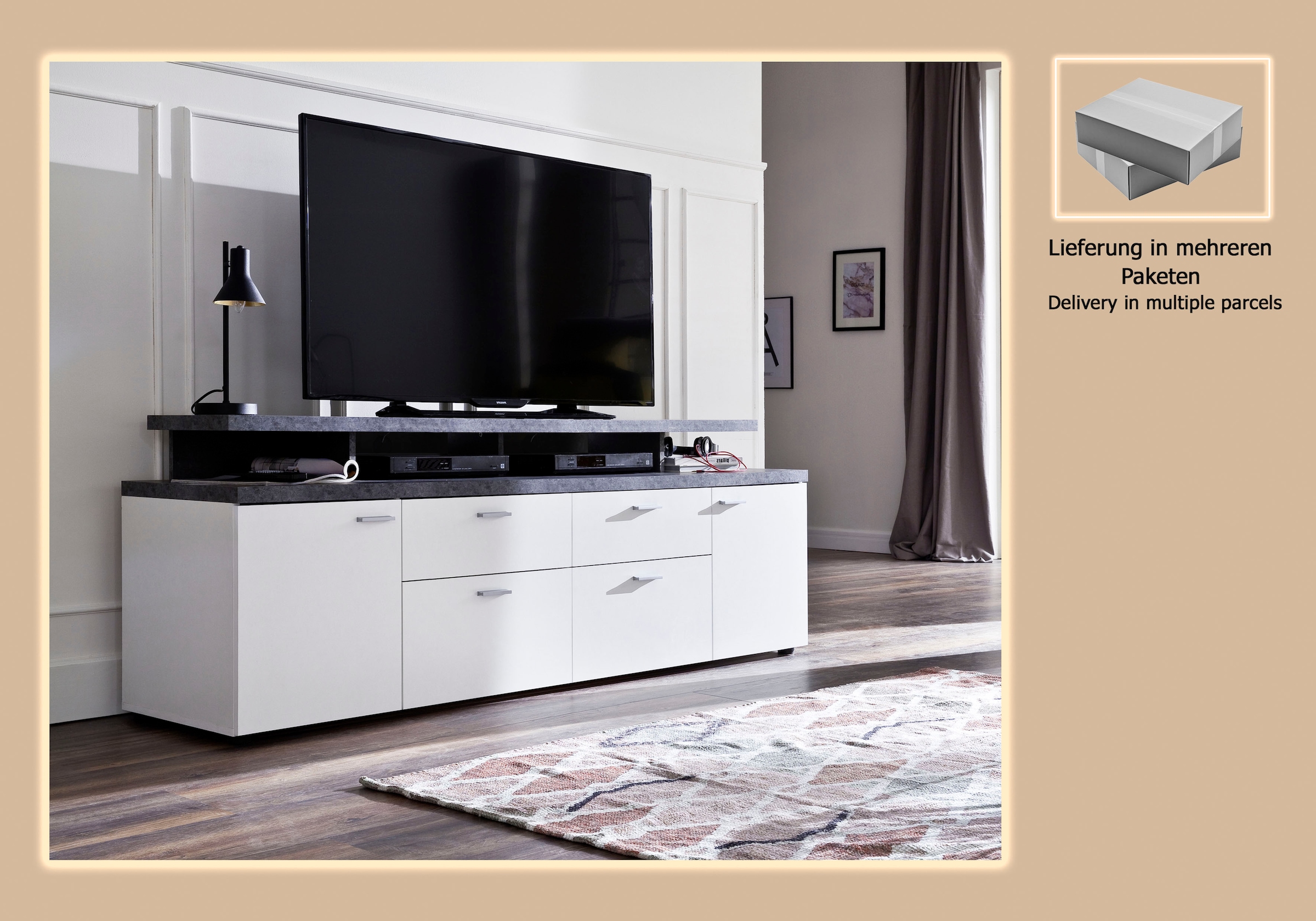 INOSIGN TV-Board »Messina«, (1 St.), TV-Lowboard mit Türen, Schubladen & Fächern - (B/T/H) 180/47/66 cm