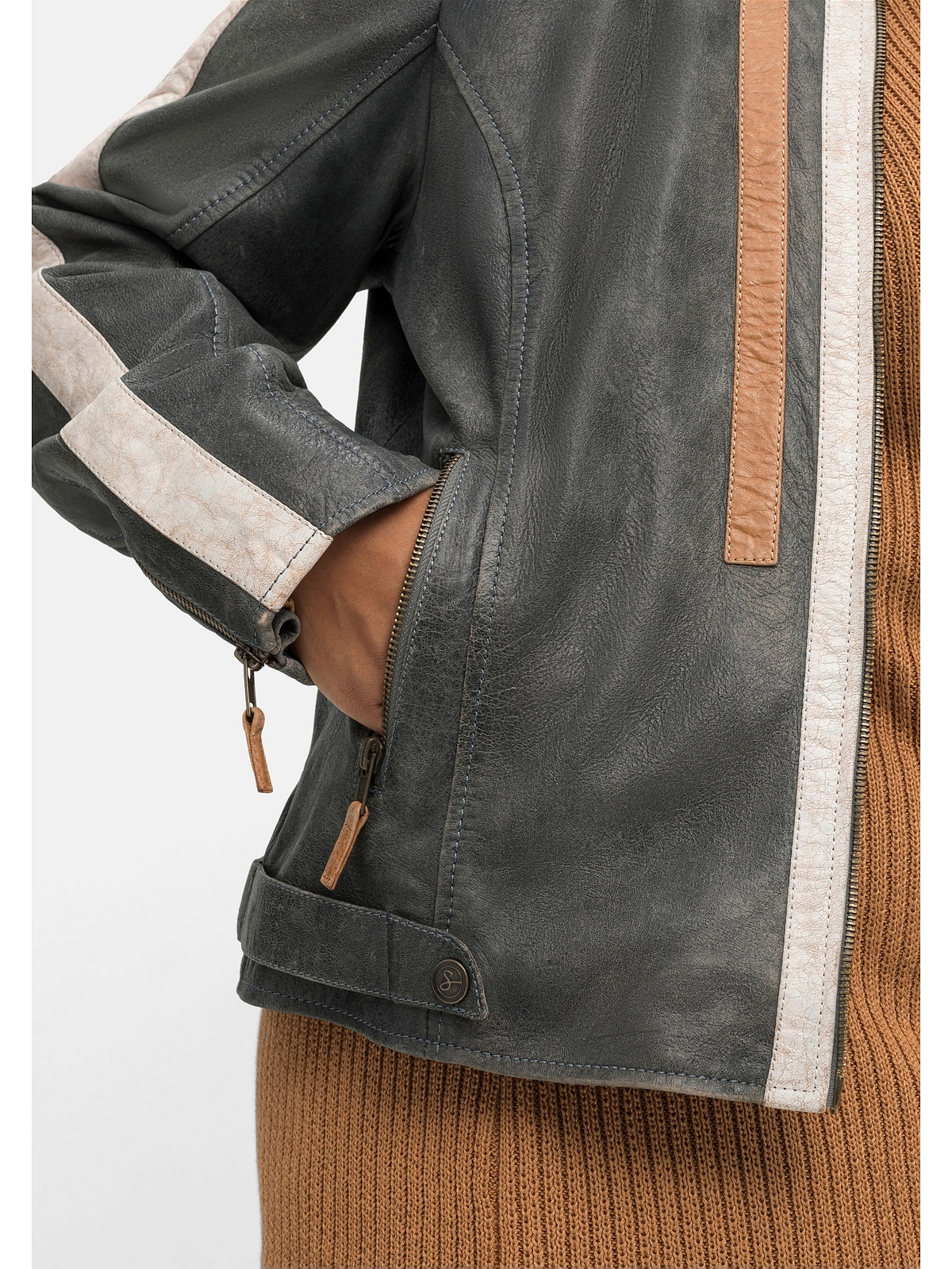 »Große Größen«, Sheego bestellen | BAUR Lederjacke im für ohne Biker-Stil, mit Kapuze, Kontrastdetails