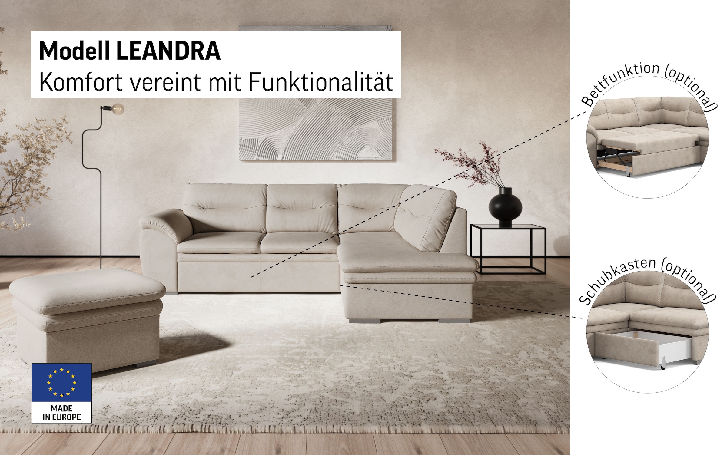 COTTA Ecksofa »Leandra L-Form« wahlweise mit Bettfunktion & Bettkasten