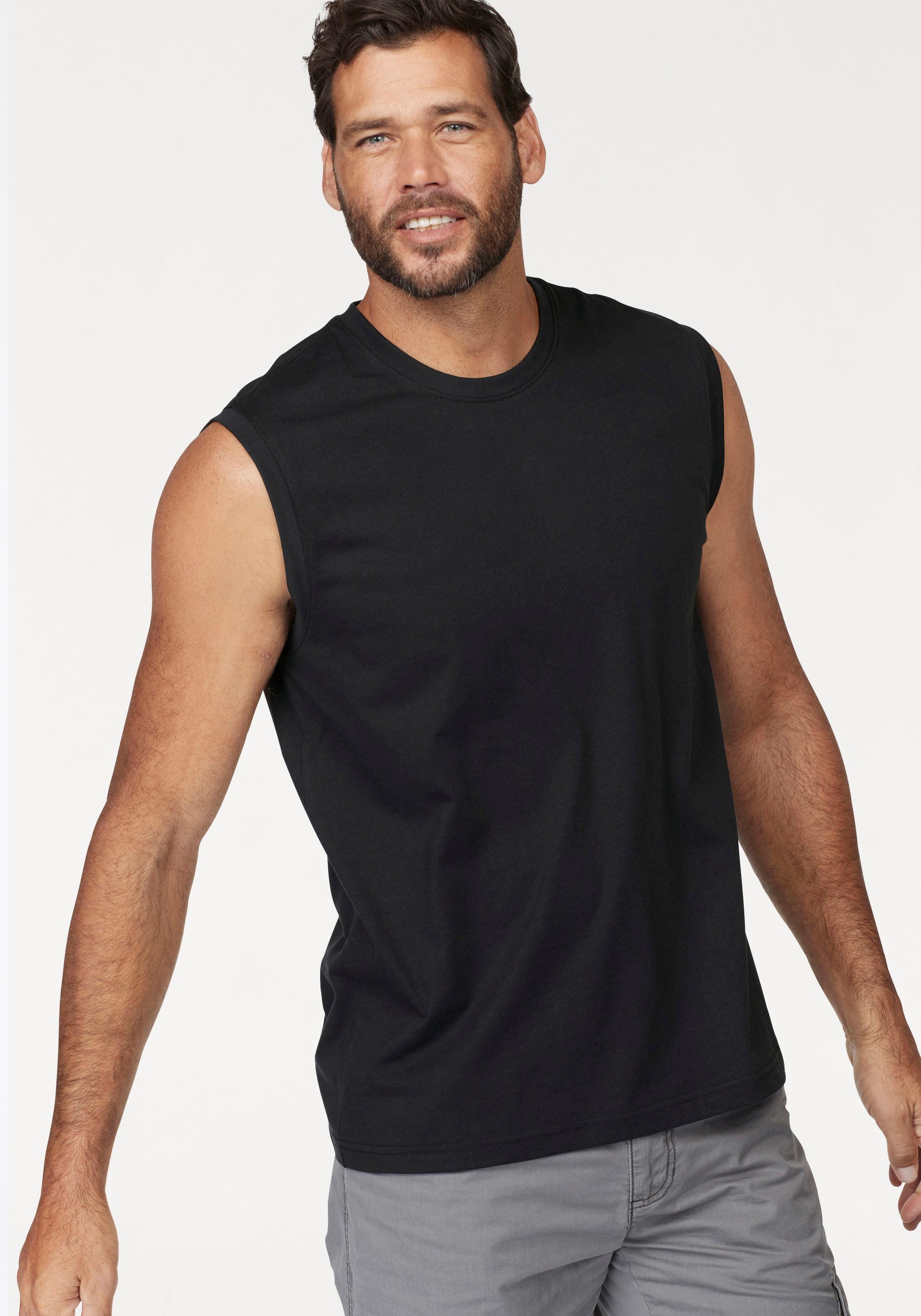 Muscleshirt MAN'S WORLD, Herren, Gr. 5XL (72/74), schwarz (blau, schwarz), Single Jersey, Obermaterial: 100% Baumwolle, bedruckt, Basic, regular fit, Rundhals, Shirts, ärmellos, bedruckt, Rundhalsausschnitt, aus 100% Baumwolle 2