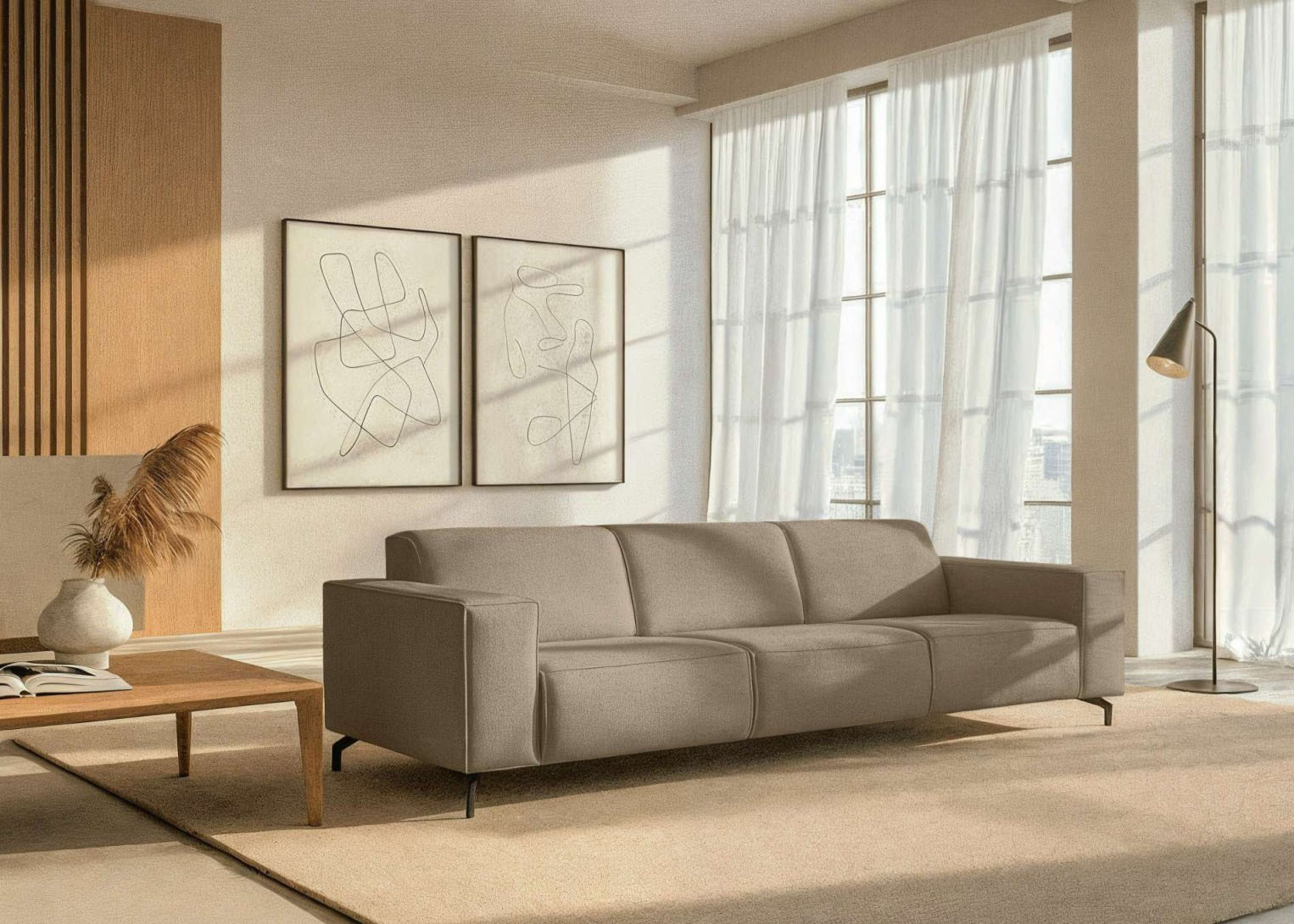 Home affaire 3-Sitzer "Lorcan 257 cm, weiches Sitzgefühl" mit schwarzen Metallfüßen, Lederoptik und in weichem Strukturstoff