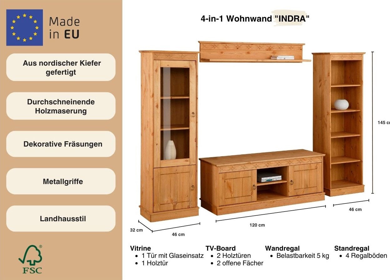 Home affaire Wohnwand »Indra«, (Set, 4 St.), 4-teiliges Set: Vitrine, Lowboard, Wand- & Standregal, Kiefer massiv