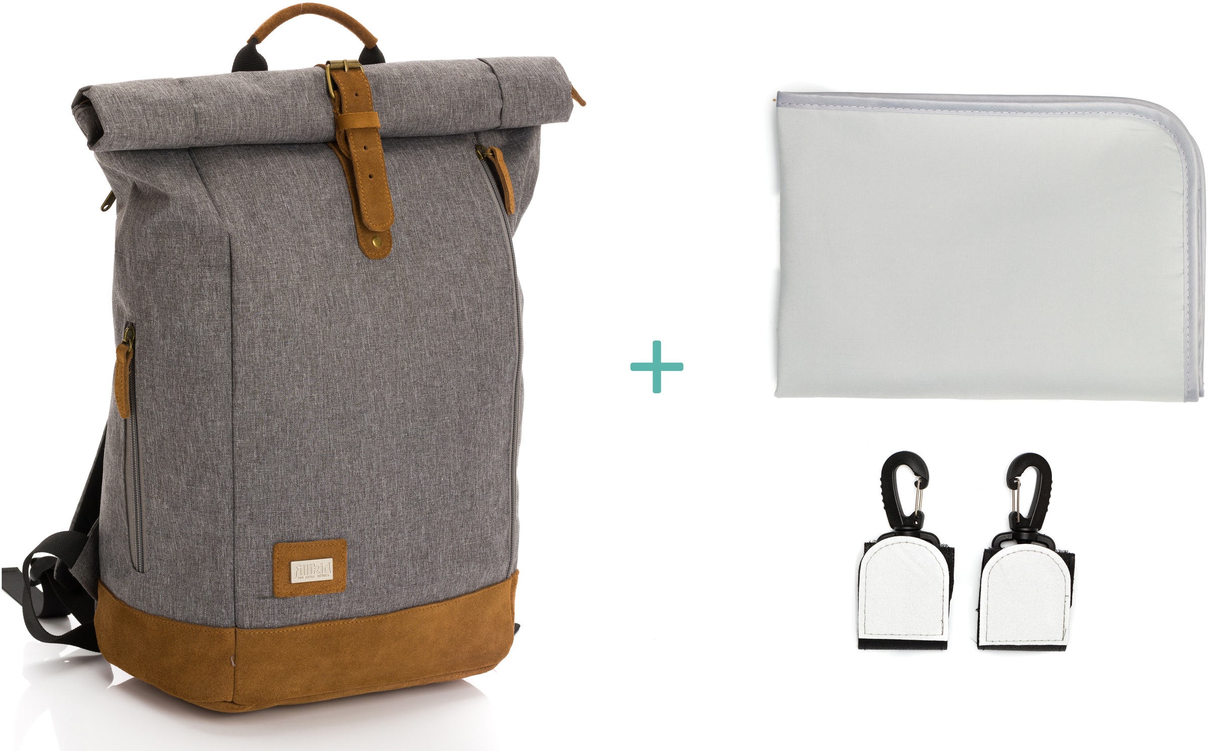 Fillikid Wickelrucksack »Rolltop Berlin, grau melange«, Reflektoren, inkl. Wickeltunterlage