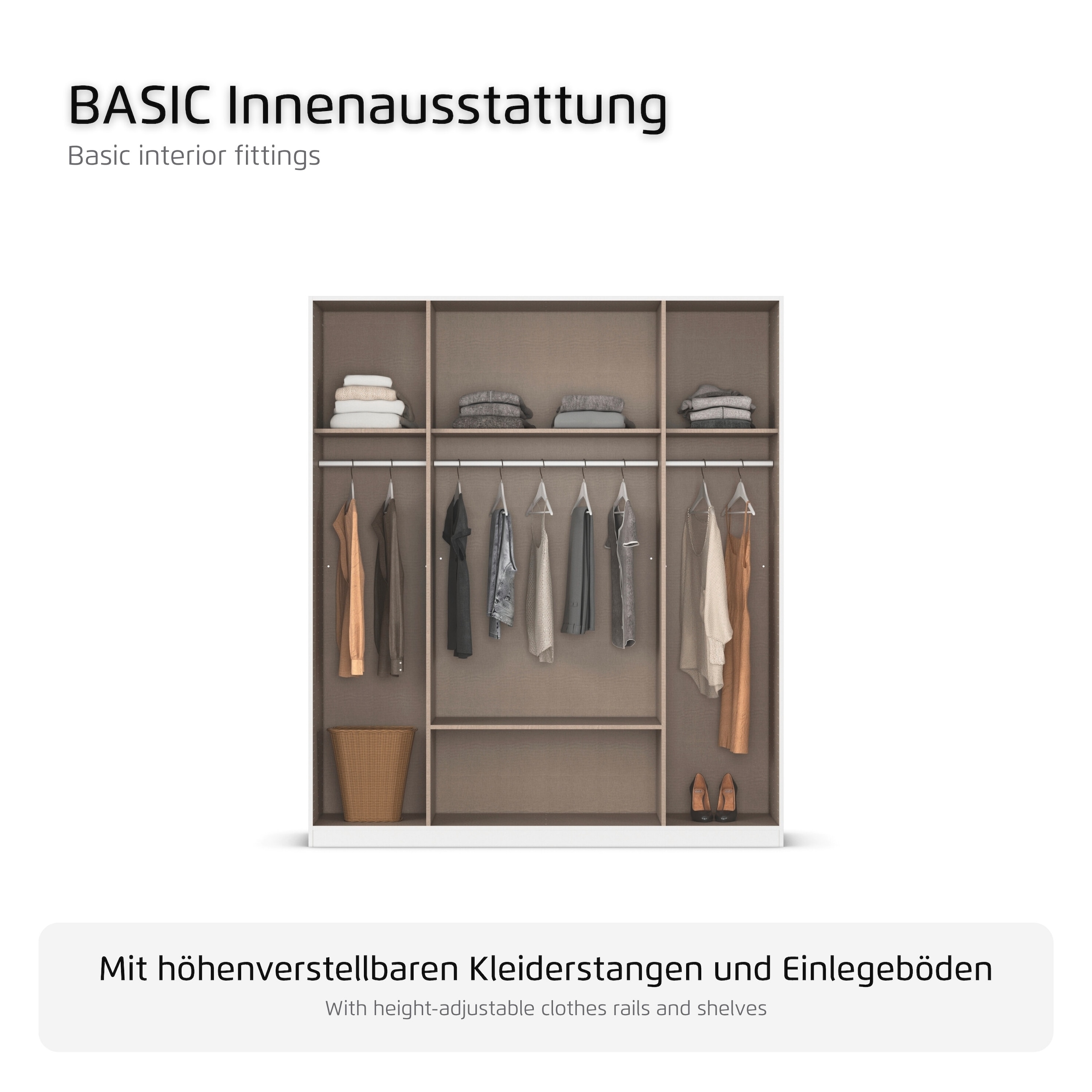 rauch Kleiderschrank »Mehrzweckschrank Schrank Garderobe Wäscheschrank Schlafzimmer GAMMA« 3 verschiedene Ausstattungen BASIC/CLASSIC/PREMIUM (inkl. SOFT-CLOSE),  Graumetallic, 181 cm, 2 Schubladen, Griff Schwarz MADE IN GERMANY