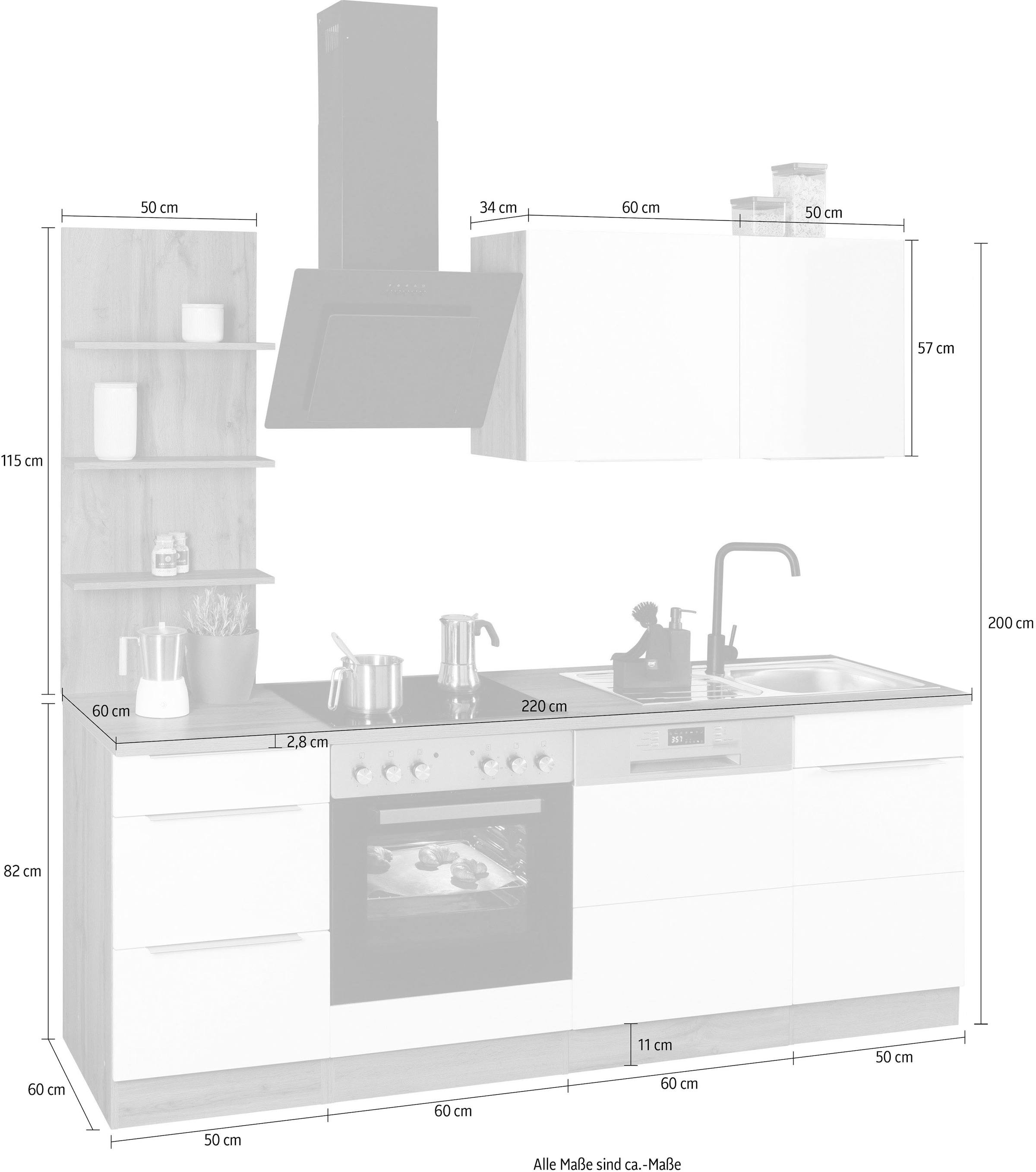 KOCHSTATION Küchenzeile »KS-Brindisi«, Breite 220 cm, wahlweise mit E-Geräten, mit MDF-Fronten und Regal