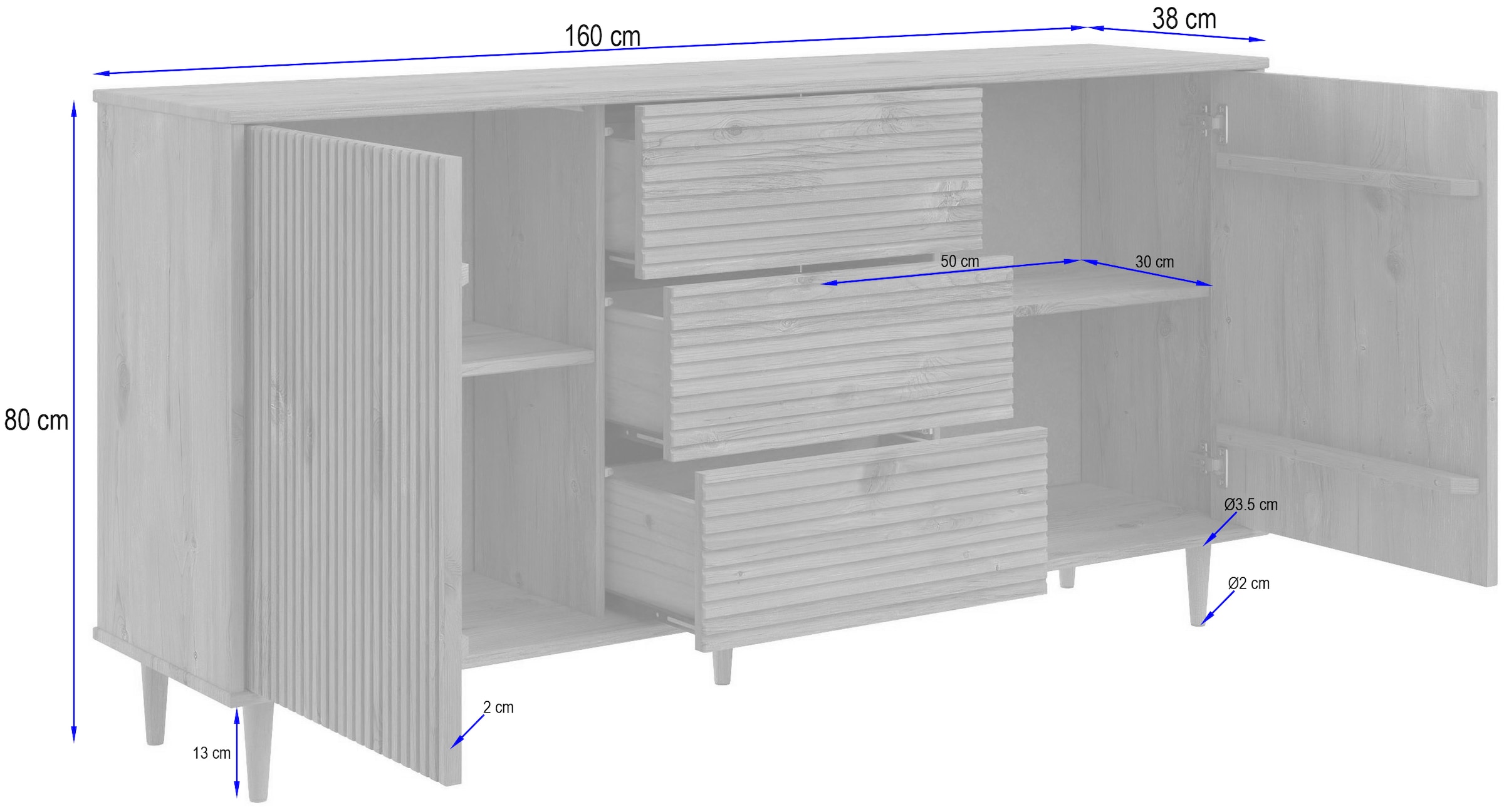 OTTO home Sideboard »Malmedy  Front mit gefrästen Rillen« Kommode aus massivem Kiefernholz, Push-to-open, Breite 160 cm