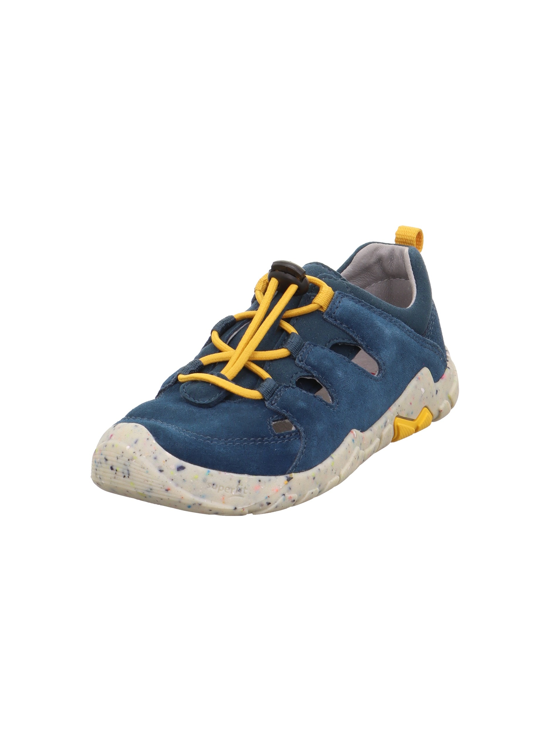 Slip-On Sneaker SUPERFIT "TRACE WMS: mittel", Mädchen, Gr. 31, dunkelblau, gelb, Polyester, Veloursleder, Schuhe, Sandale, mit Schnellverschluss, Größenschablone zum Download