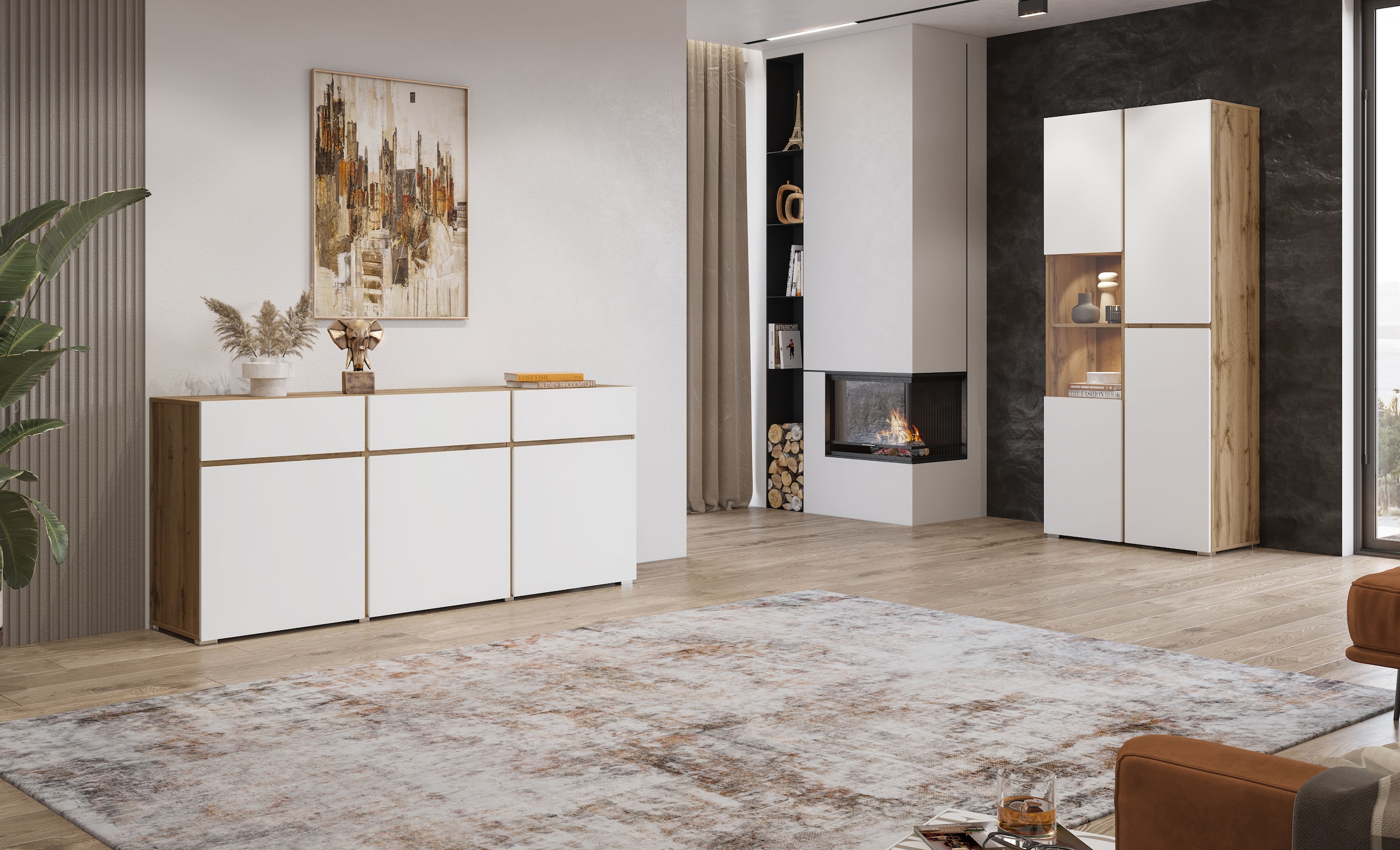 INOSIGN Kommode »Cross,Breite 180 cm, moderne grifflose Kommode,3 Türen/3 Schubkästen«, Schubladenschrank mit viel Stauraum, Einlegeböden verstellbar