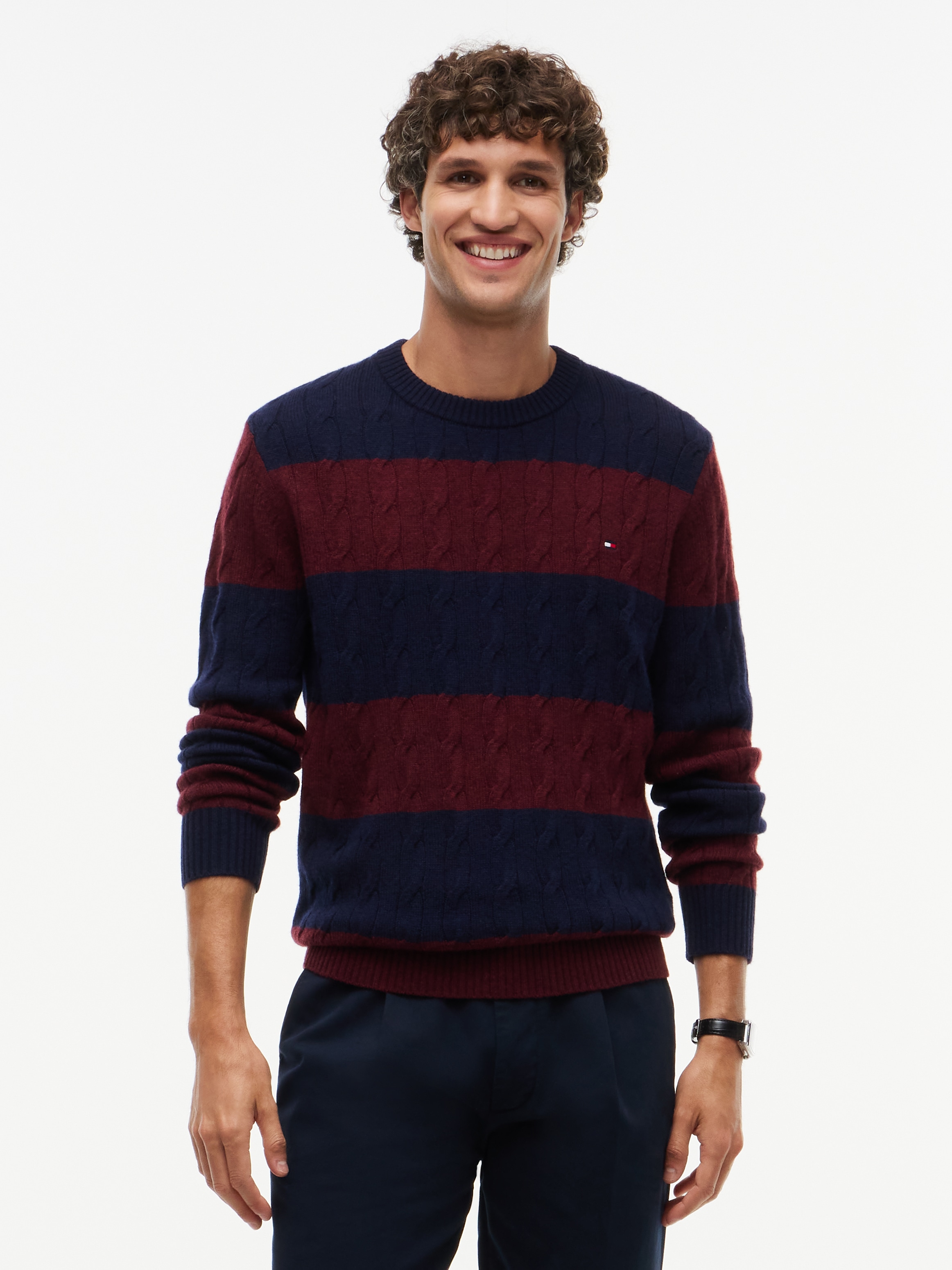 Tommy Hilfiger Rundhalspullover "LAMBSWOOL CABLE CREW" aus reiner Lammwolle mit Zopfmuster
