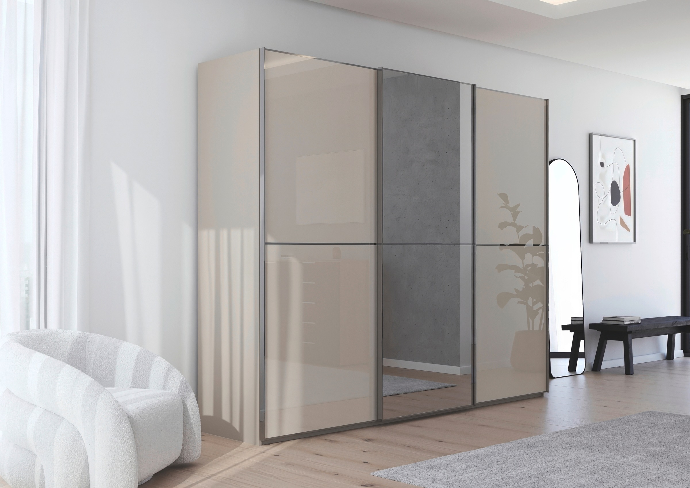 rauch Schwebetürenschrank »Kleiderschrank Schrank Garderobe Schlafzimmerschrank SCALE-DUO«, edle zweigeteilte Türen Spiegel/Glas-Mix 3 Zierleisten MADE IN GERMANY