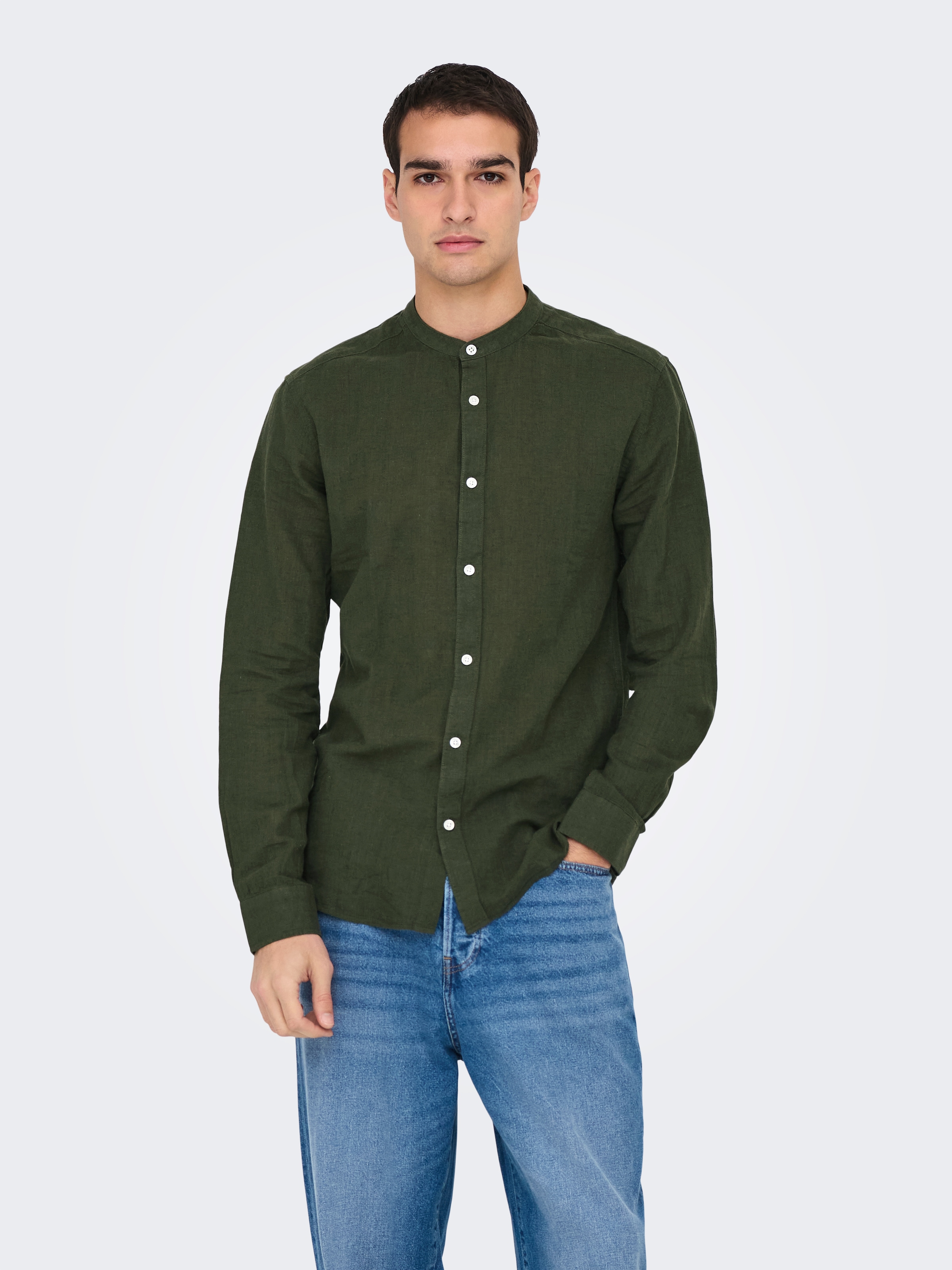 ONLY & SONS Langarmhemd "ONSCAIDEN LS SOLID LINEN MAO SHIRT NOOS" Baumwolle mit Leinen, slim fit