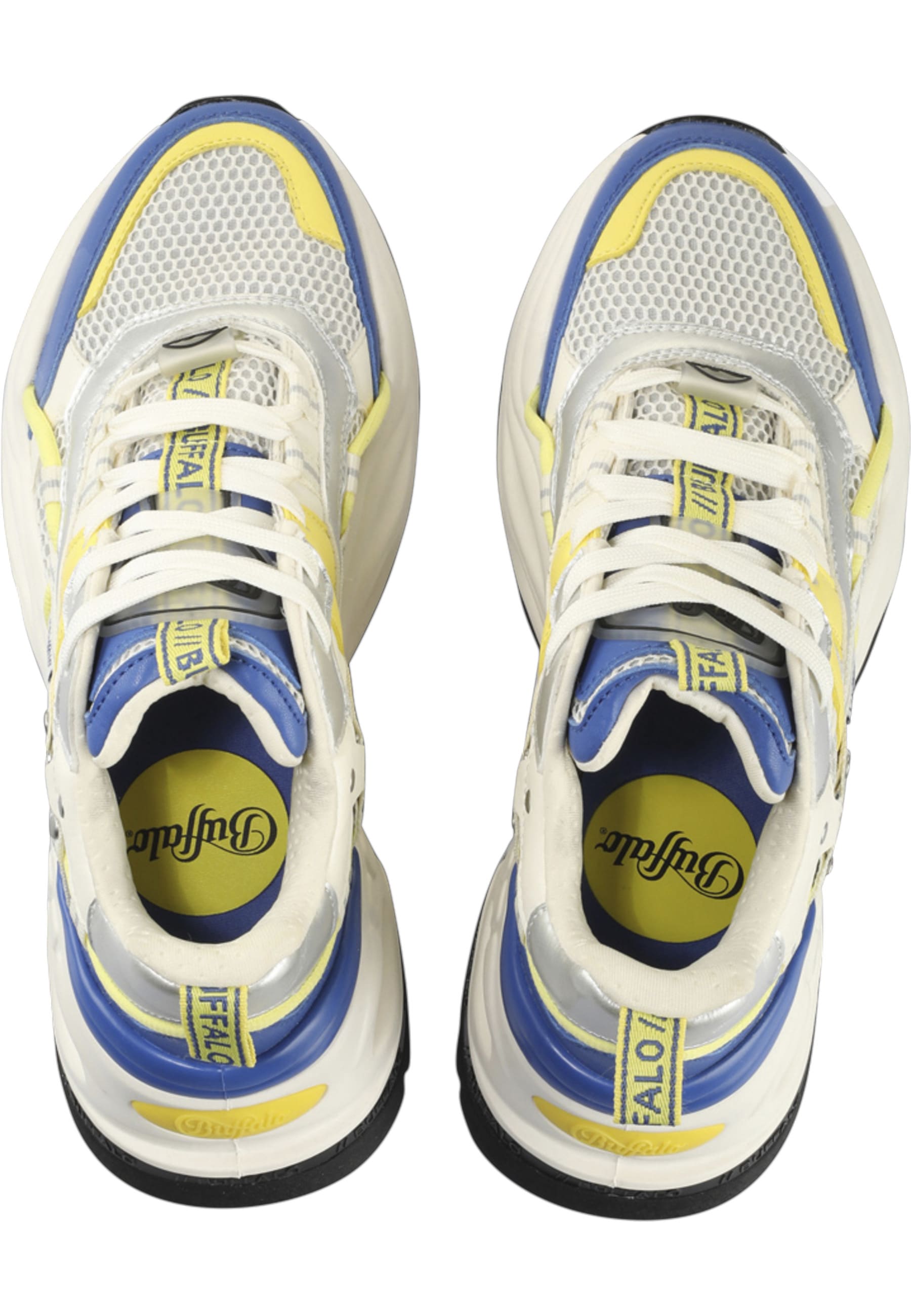 BUFFALO Damen Trainingsschuh "Buffalo Buffalo Triplet HolLow - Vegan Nappa/Mesh", Gr. 38blau, gelb, weiß, Kunstfaser, unifarben, Schuhe