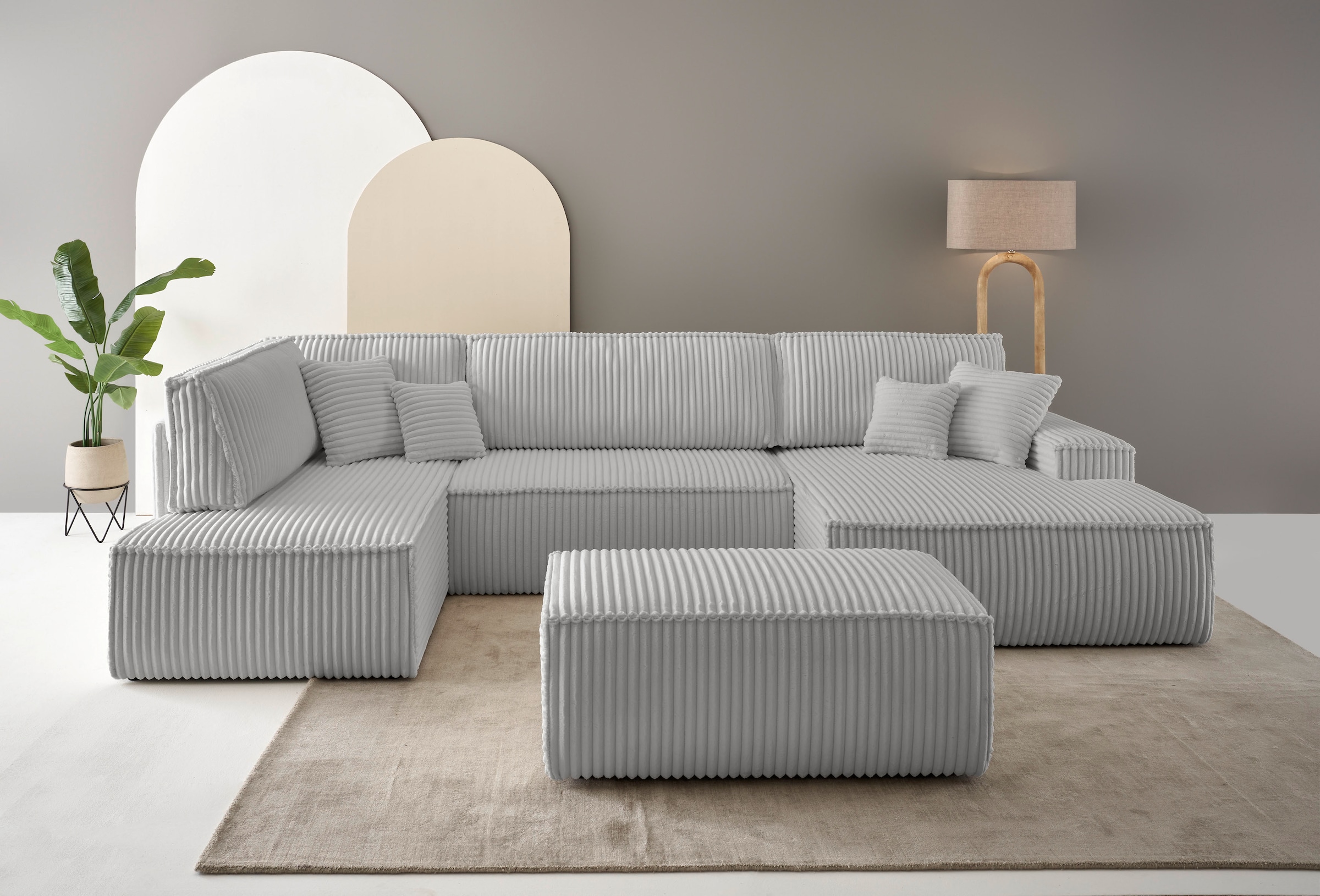 OTTO home Wohnlandschaft "FINNLEY Cord U-Form XXL 329 cm - OTTO. Verlässliche Qualität." Schlafsofa, Bettkasten, in Bouclé, Struktur fein und Mega Cord