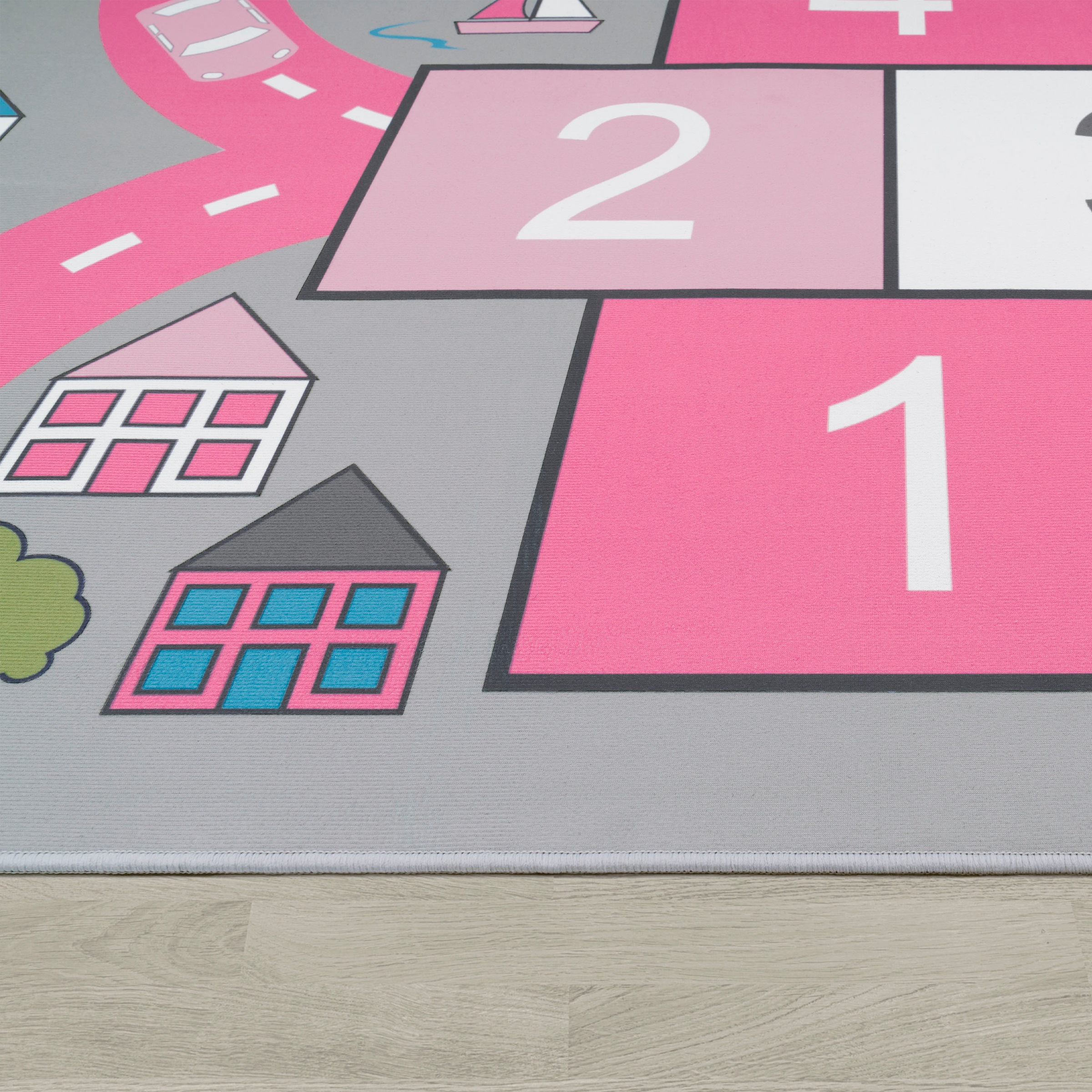 Paco Home Kinderteppich »Bino 569«, rund, 4 mm Höhe, Kurzflor, Straßen-Spiel-Teppich & Spielmotiv Hüpfkästchen