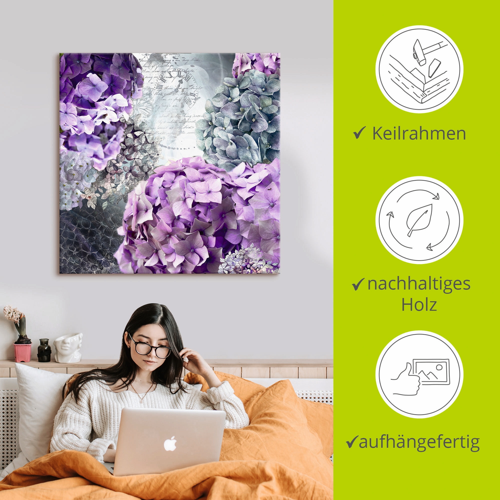 Artland Leinwandbild »Blau und Grau Hortensie« Blumen 1 Stk. tlg. auf Holzrahmen gespannt