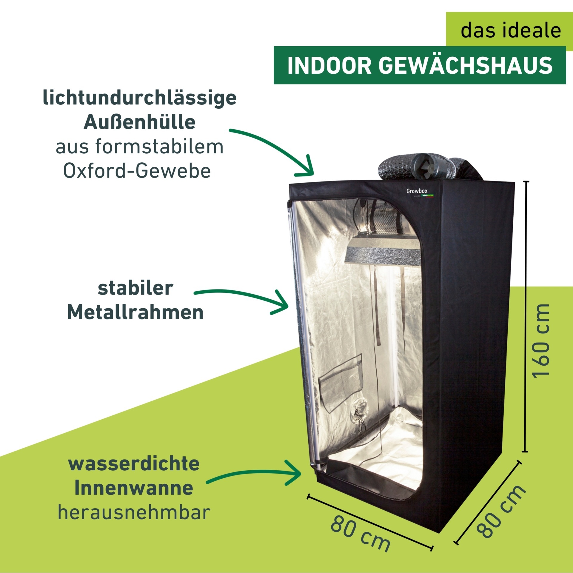 Windhager Gewächshaus »Indoor, Growbox komplettes Starterset« Zuchtzelt für Pflanzen, Anbaufläche 0,64 m², 80 x 80 x 160 cm, schwarz
