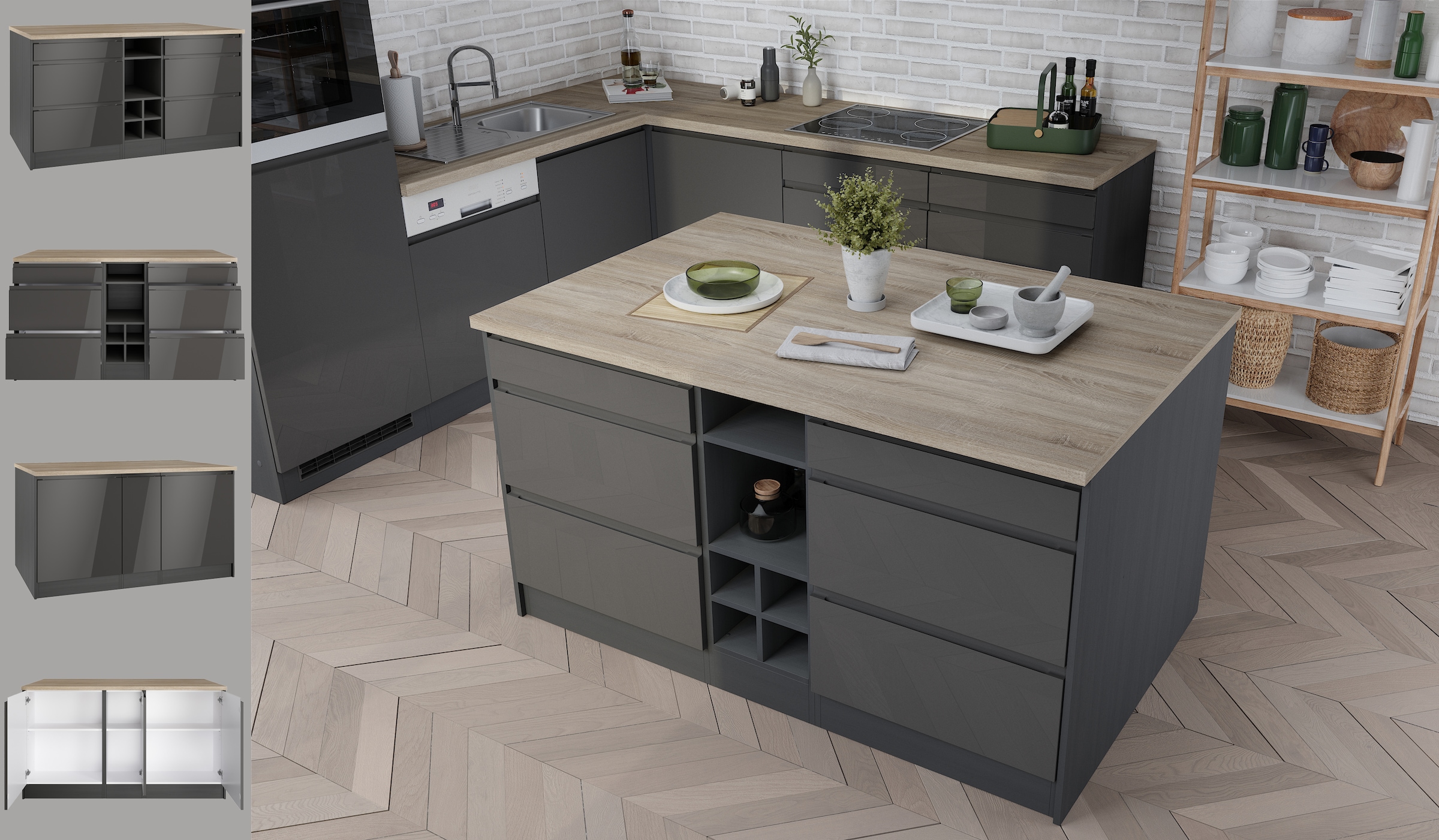 HELD MÖBEL Kücheninsel »Virginia«, Breite 153 cm, MDF-Fronten, Flaschenregal