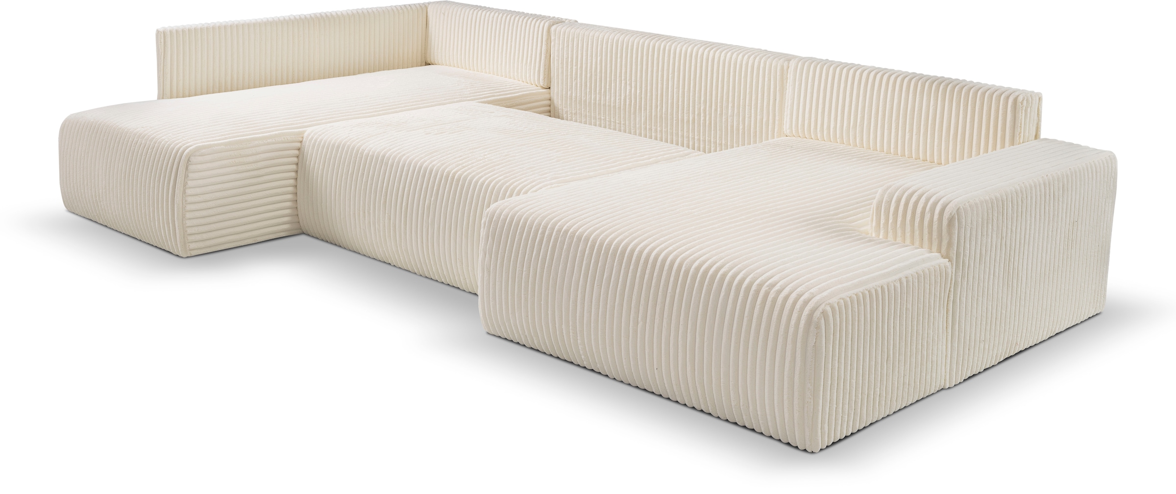 WERK2 Wohnlandschaft »Rotterdam-U, U-Form, in kuschelweichem Cord oder Breitcord«, Design Sofa mit Schlaffunktion & Bettkasten, Breitcord, Creme