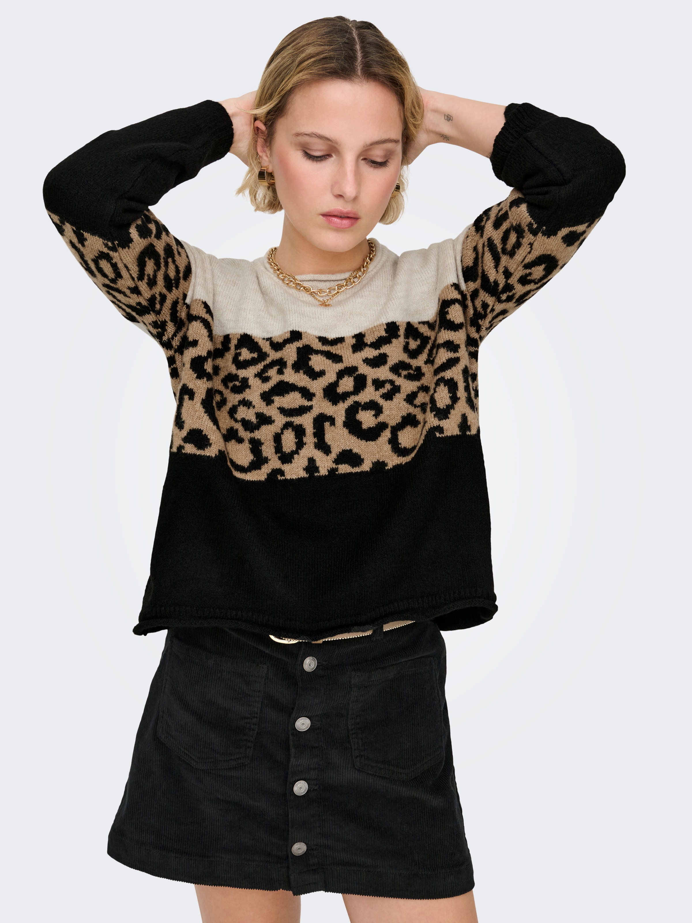 Rundhalspullover ONLY "ONLJADE ANIMAL LS O-NECK NOOS KNT", Damen, Gr. XS, beige (moonbeam pattern:schwarz, toasted coconut), Strick, Obermaterial: 81% Polyacryl, 19% Polyester, gemustert, meliert, regular fit normal, Rundhals, Rippstrickbündchen, Pullover 2