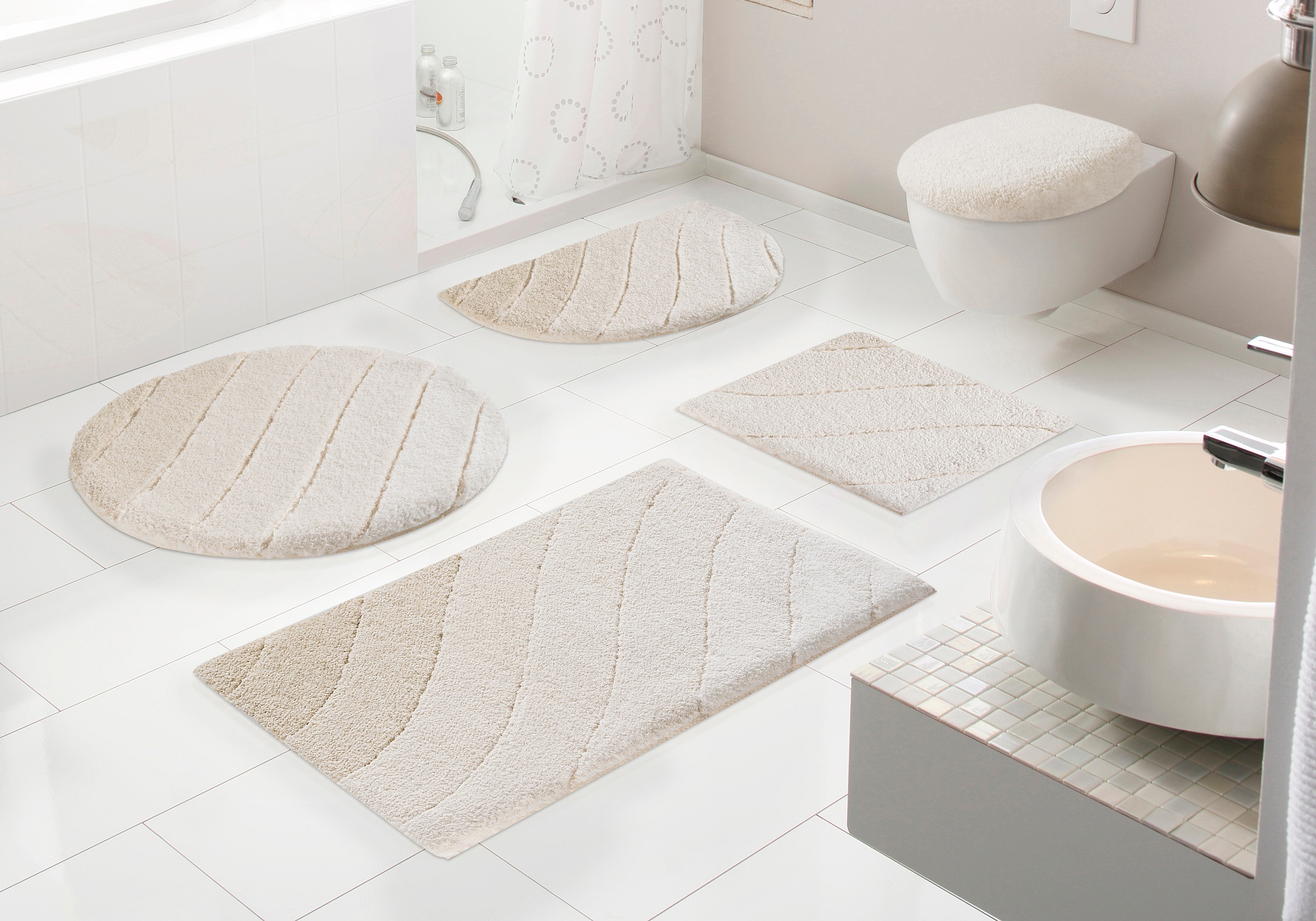 Kleine Wolke Badematte »Donna«, rutschhemmend beschichtet, fußbodenheizungsgeeignet-schnell trocknend, Wellen Design, Pastell, 3-tlg. Set, rechteckig & rund erhältlich