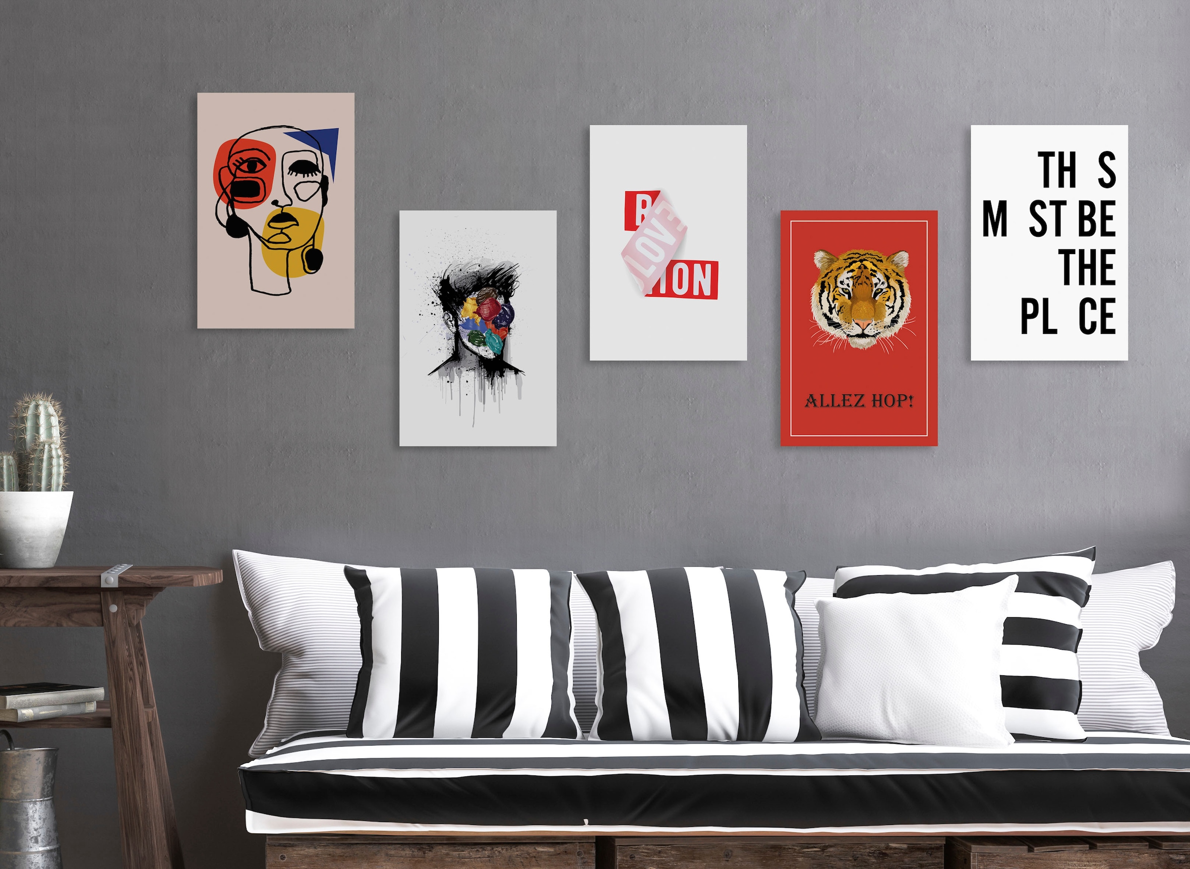 queence Leinwandbild »Tiger ALLEZ HOP!«, Kunst-Modern-Schriftzug-Tiere-Tiger-Raubkatzen, Premium-Leinwandstoff, Handarbeit aus Deutschland