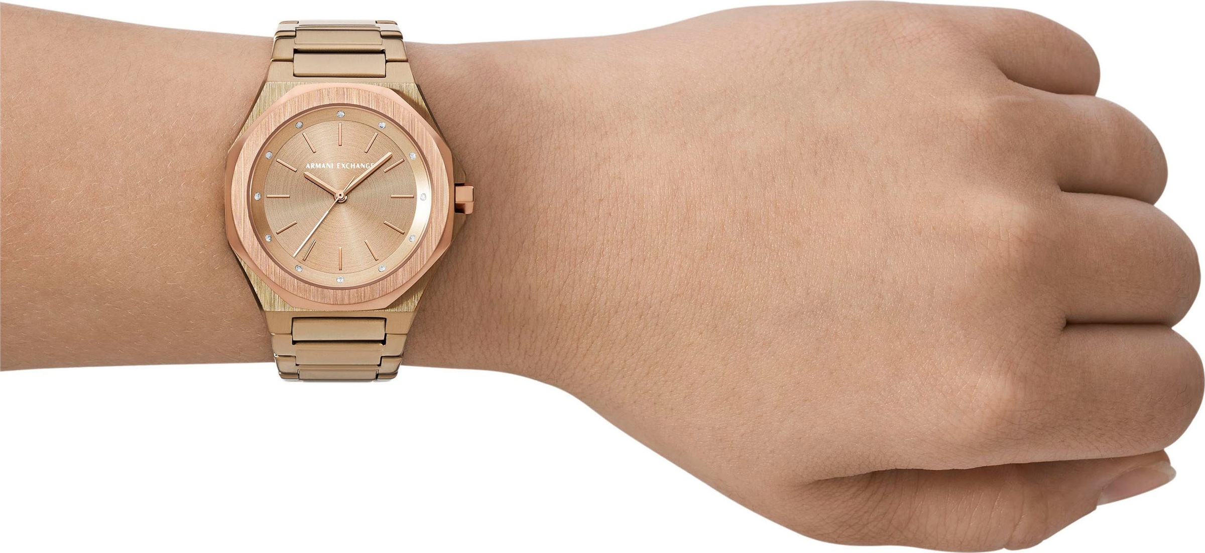 ARMANI EXCHANGE Quarzuhr, Armbanduhr, Damenuhr, Edelstahlarmband, analog, Glassteine